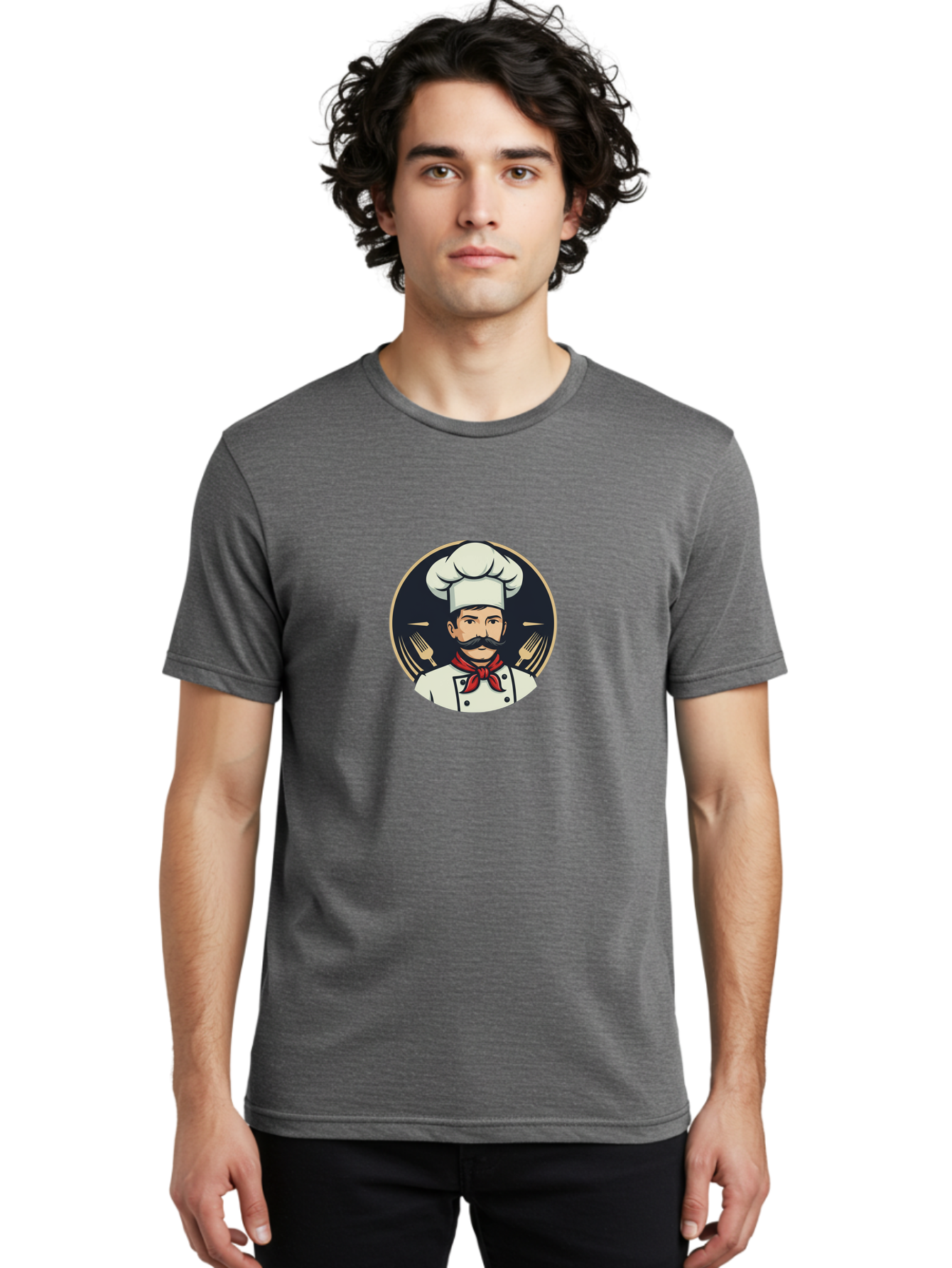 Chef-5 Men'S Graphic Tee, 100% Cotton, Comfortable Casual Summer Wear, Machine Washable, Cartoon Chef, Cooking Expert, Culinary Master, Red Neckerchief, White Hat, Black Mustache, Restaurant Icon, Chef'S Coat, Fine Dining, Utensils, Fork, Bac808