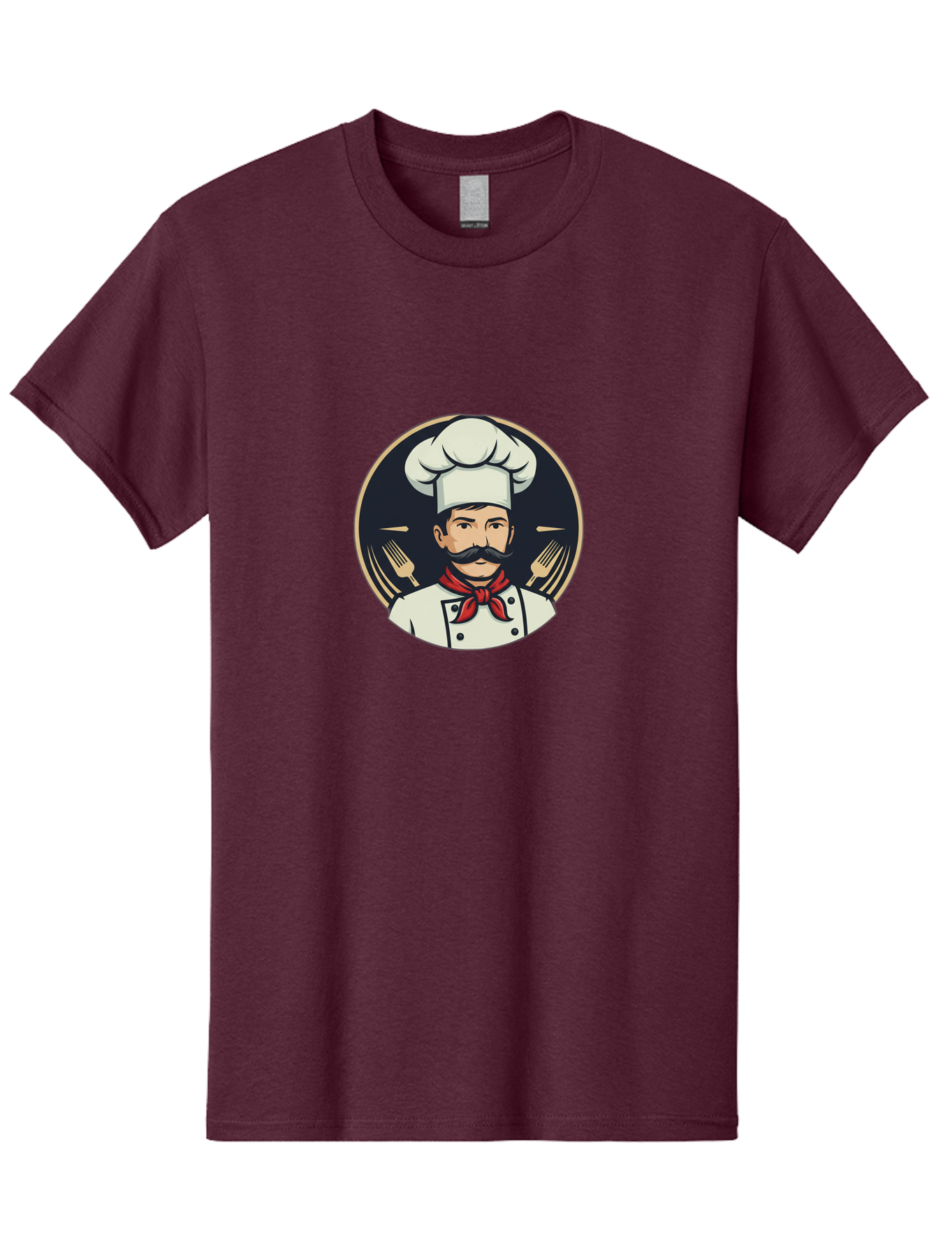 Chef-5 Men'S Graphic Tee, 100% Cotton, Comfortable Casual Summer Wear, Machine Washable, Cartoon Chef, Cooking Expert, Culinary Master, Red Neckerchief, White Hat, Black Mustache, Restaurant Icon, Chef'S Coat, Fine Dining, Utensils, Fork, Bac808