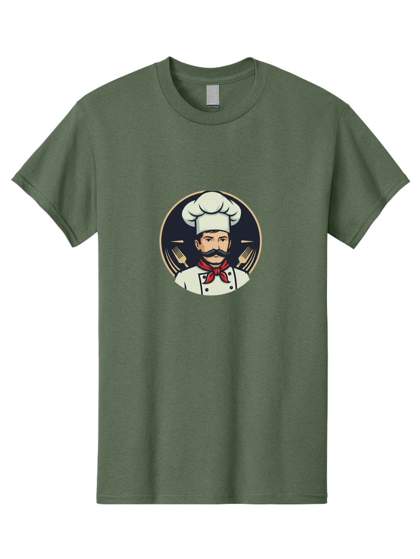 Chef-5 Men'S Graphic Tee, 100% Cotton, Comfortable Casual Summer Wear, Machine Washable, Cartoon Chef, Cooking Expert, Culinary Master, Red Neckerchief, White Hat, Black Mustache, Restaurant Icon, Chef'S Coat, Fine Dining, Utensils, Fork, Bac808