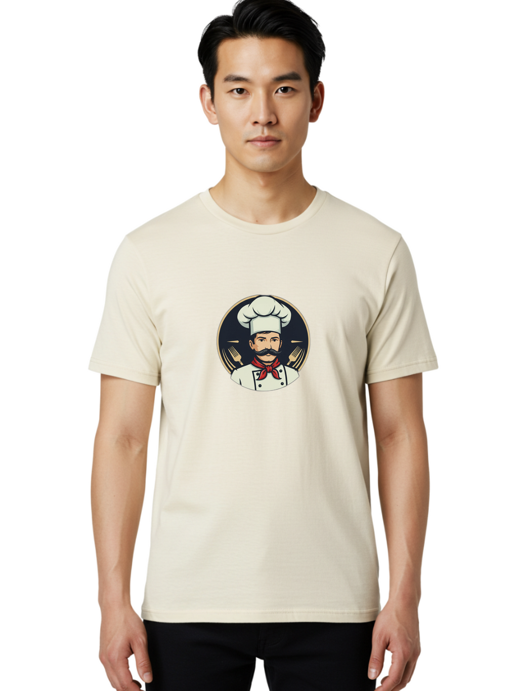 Chef-5 Men'S Graphic Tee, 100% Cotton, Comfortable Casual Summer Wear, Machine Washable, Cartoon Chef, Cooking Expert, Culinary Master, Red Neckerchief, White Hat, Black Mustache, Restaurant Icon, Chef'S Coat, Fine Dining, Utensils, Fork, Bac808