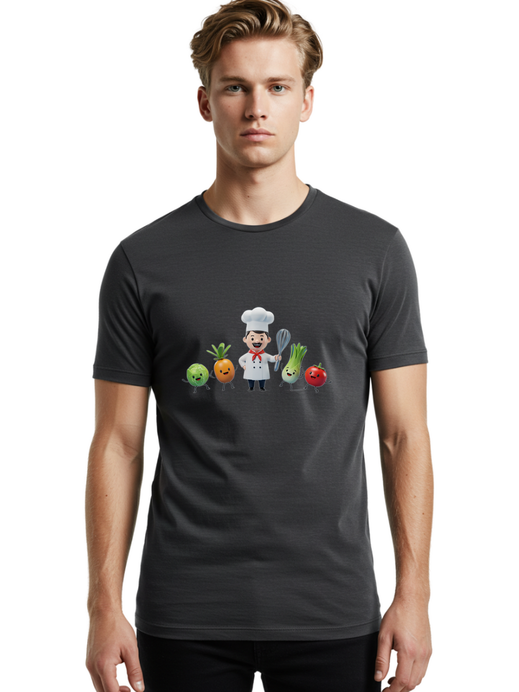 Chef-And-Vegetables Men'S Graphic Tee, 100% Cotton, Comfortable Casual Summer Wear, Machine Washable, Cartoon Chef, Happy Vegetables, Cooking Together, Healthy Food, Kitchen Fun, Animated Characters, Cheerful Scene, Food Preparation, Bac809