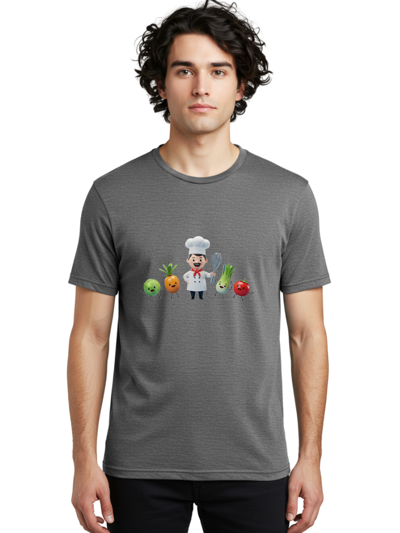 Chef-And-Vegetables Men'S Graphic Tee, 100% Cotton, Comfortable Casual Summer Wear, Machine Washable, Cartoon Chef, Happy Vegetables, Cooking Together, Healthy Food, Kitchen Fun, Animated Characters, Cheerful Scene, Food Preparation, Bac809