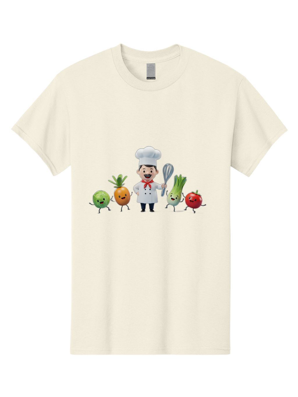 Chef-And-Vegetables Men'S Graphic Tee, 100% Cotton, Comfortable Casual Summer Wear, Machine Washable, Cartoon Chef, Happy Vegetables, Cooking Together, Healthy Food, Kitchen Fun, Animated Characters, Cheerful Scene, Food Preparation, Bac809