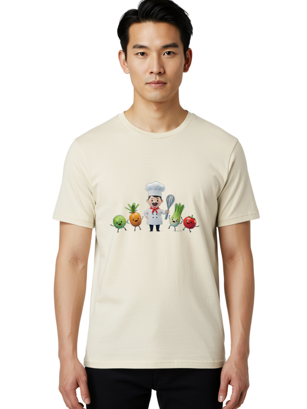 Chef-And-Vegetables Men'S Graphic Tee, 100% Cotton, Comfortable Casual Summer Wear, Machine Washable, Cartoon Chef, Happy Vegetables, Cooking Together, Healthy Food, Kitchen Fun, Animated Characters, Cheerful Scene, Food Preparation, Bac809