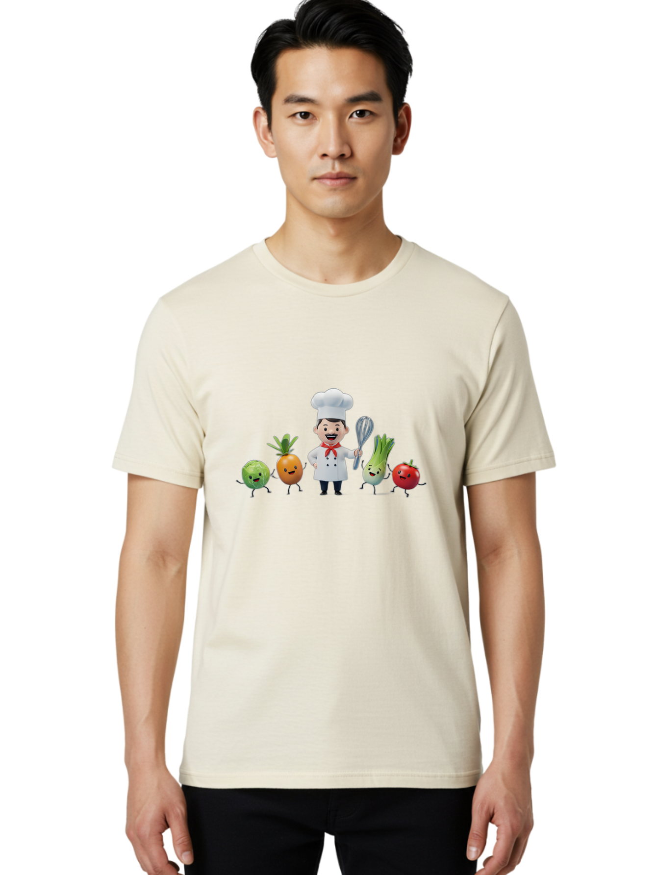 Chef-And-Vegetables Men'S Graphic Tee, 100% Cotton, Comfortable Casual Summer Wear, Machine Washable, Cartoon Chef, Happy Vegetables, Cooking Together, Healthy Food, Kitchen Fun, Animated Characters, Cheerful Scene, Food Preparation, Bac809