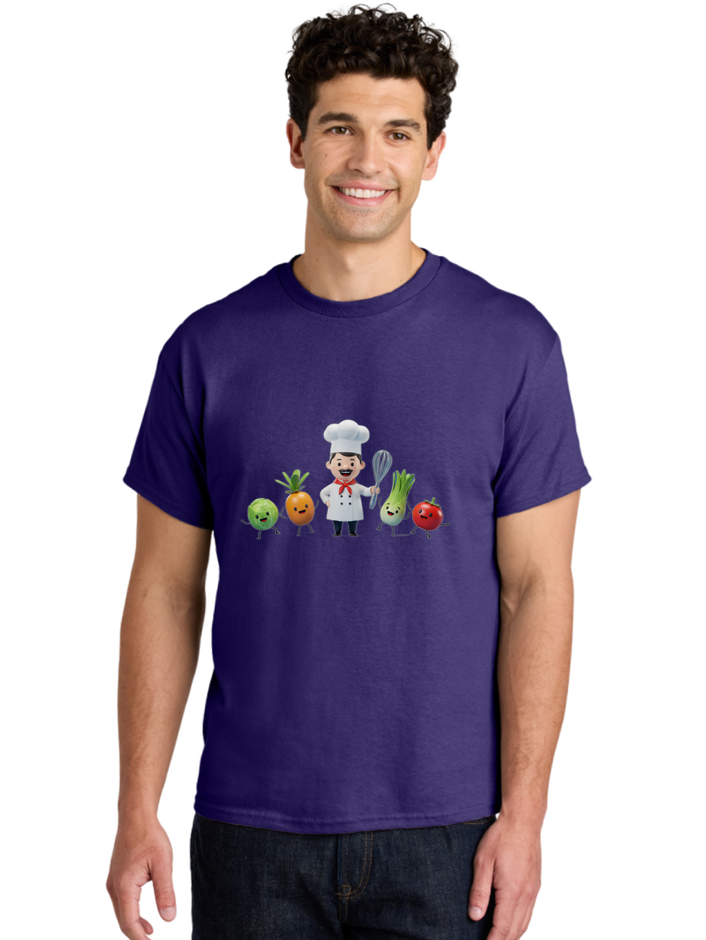 Chef-And-Vegetables Men'S Graphic Tee, 100% Cotton, Comfortable Casual Summer Wear, Machine Washable, Cartoon Chef, Happy Vegetables, Cooking Together, Healthy Food, Kitchen Fun, Animated Characters, Cheerful Scene, Food Preparation, Bac809