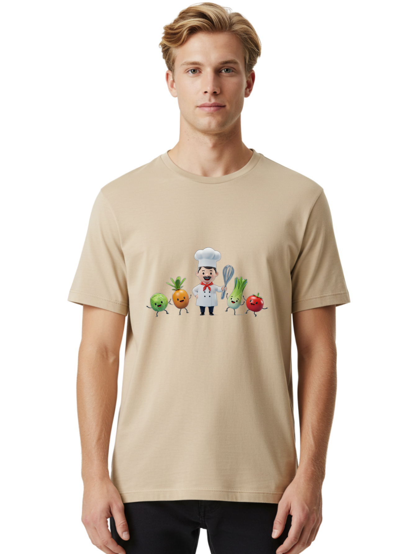 Chef-And-Vegetables Men'S Graphic Tee, 100% Cotton, Comfortable Casual Summer Wear, Machine Washable, Cartoon Chef, Happy Vegetables, Cooking Together, Healthy Food, Kitchen Fun, Animated Characters, Cheerful Scene, Food Preparation, Bac809
