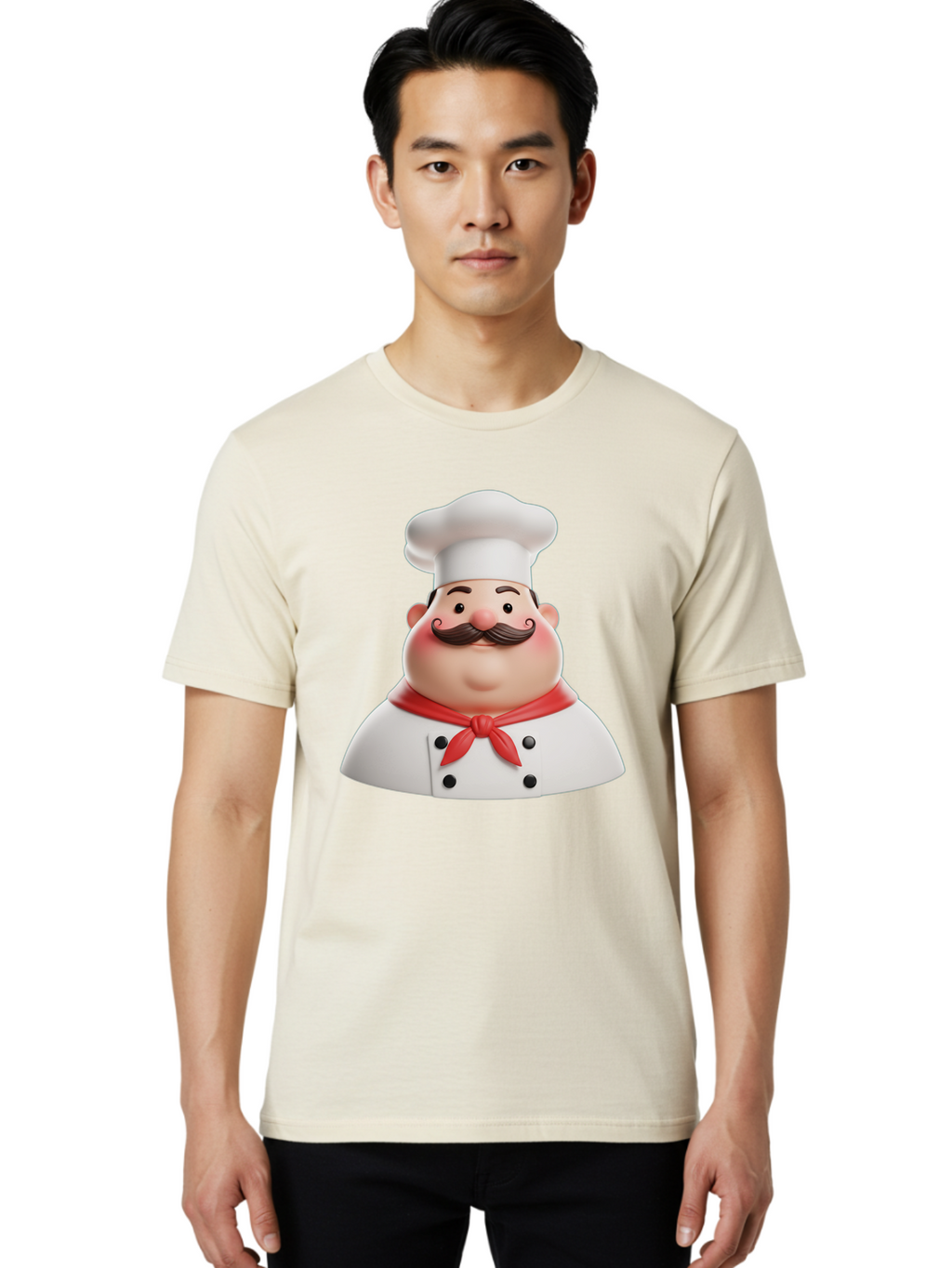 Chef-Character-2 Men'S Graphic Tee, 100% Cotton, Comfortable Casual Summer Wear, Machine Washable, Cartoon Chef, White Hat, Red Scarf, Mustache, Chef Character, Kitchen Staff, Cooking Illustration, Chef Illustration, Culinary Art, 3D Character Bac811
