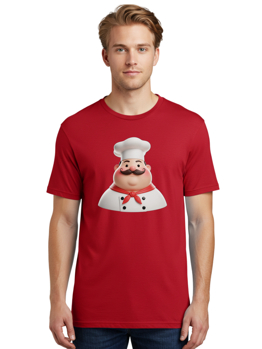 Chef-Character-2 Men'S Graphic Tee, 100% Cotton, Comfortable Casual Summer Wear, Machine Washable, Cartoon Chef, White Hat, Red Scarf, Mustache, Chef Character, Kitchen Staff, Cooking Illustration, Chef Illustration, Culinary Art, 3D Character Bac811