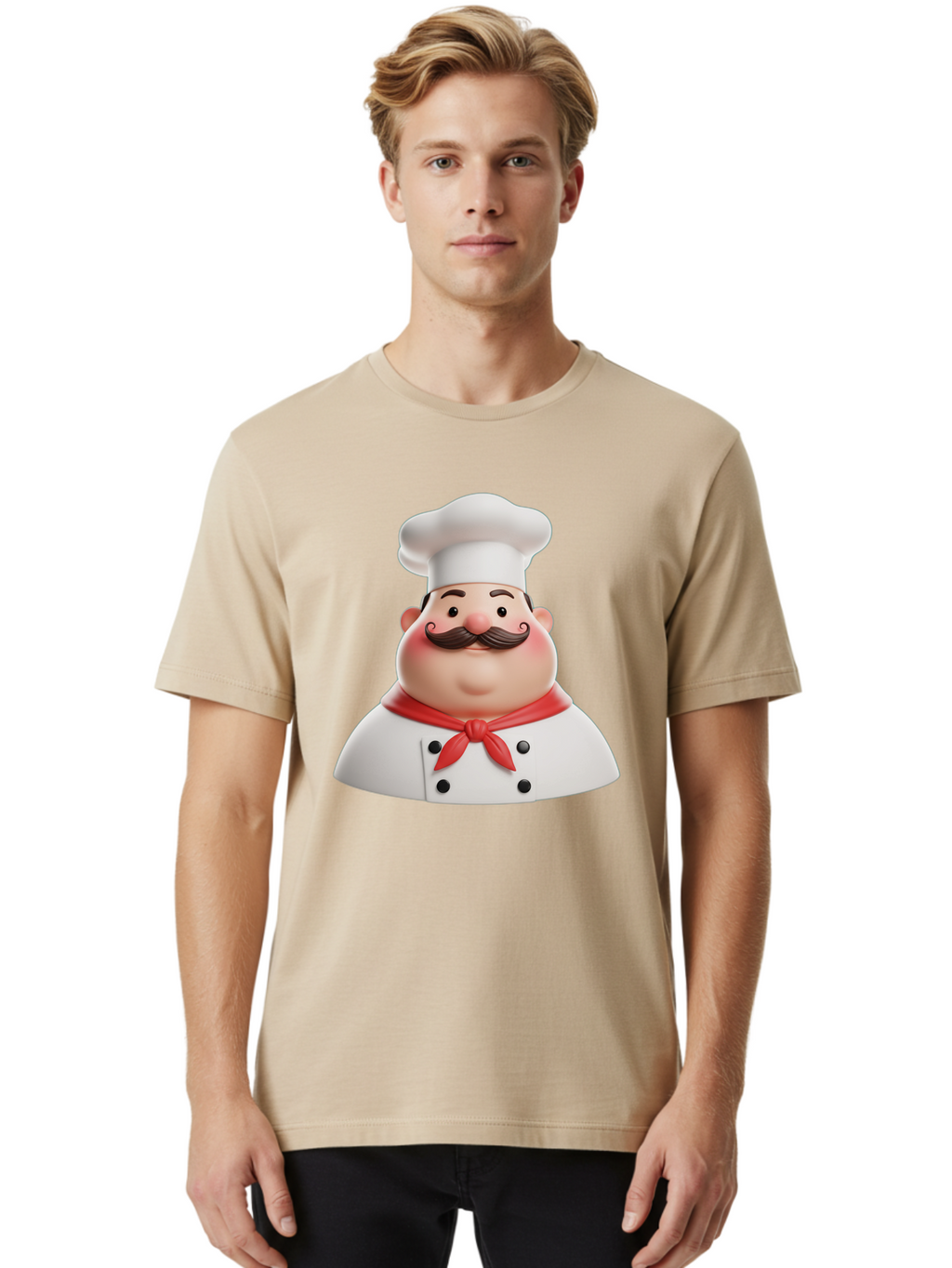 Chef-Character-2 Men'S Graphic Tee, 100% Cotton, Comfortable Casual Summer Wear, Machine Washable, Cartoon Chef, White Hat, Red Scarf, Mustache, Chef Character, Kitchen Staff, Cooking Illustration, Chef Illustration, Culinary Art, 3D Character Bac811