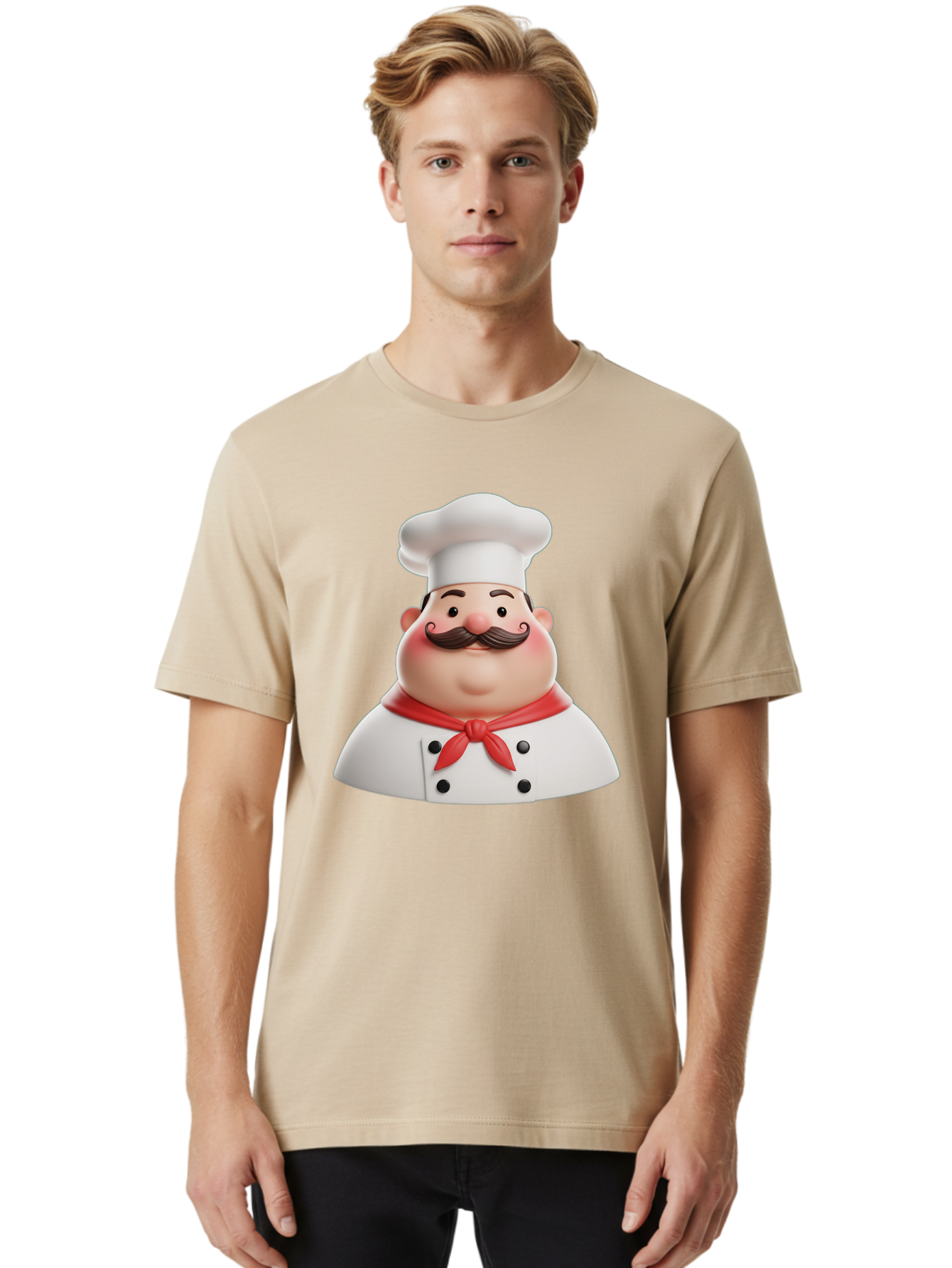 Chef-Character-2 Men'S Graphic Tee, 100% Cotton, Comfortable Casual Summer Wear, Machine Washable, Cartoon Chef, White Hat, Red Scarf, Mustache, Chef Character, Kitchen Staff, Cooking Illustration, Chef Illustration, Culinary Art, 3D Character Bac811