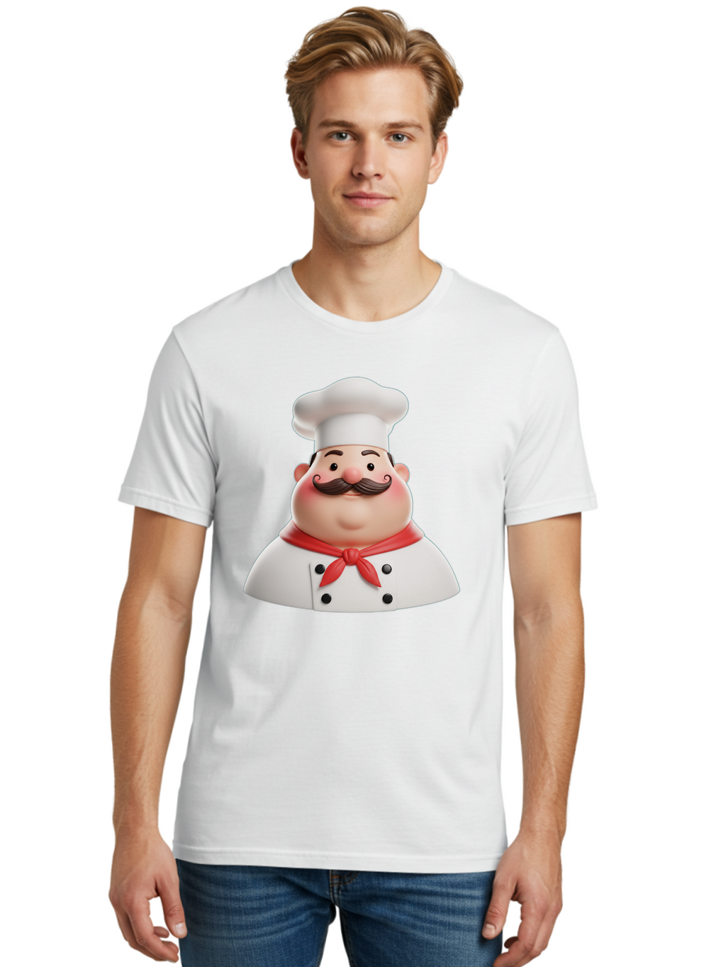 Chef-Character-2 Men'S Graphic Tee, 100% Cotton, Comfortable Casual Summer Wear, Machine Washable, Cartoon Chef, White Hat, Red Scarf, Mustache, Chef Character, Kitchen Staff, Cooking Illustration, Chef Illustration, Culinary Art, 3D Character Bac811