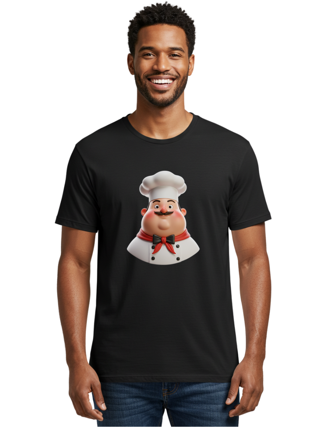 Chef-Character-3 Men'S Graphic Tee, 100% Cotton, Comfortable Casual Summer Wear, Machine Washable, Cartoon Chef, 3D Character, Chef Hat, Chef Coat, Red Scarf, Black Bow Tie, Mustache, Cooking, Culinary, Chef Illustration, Kitchen Character Bac812