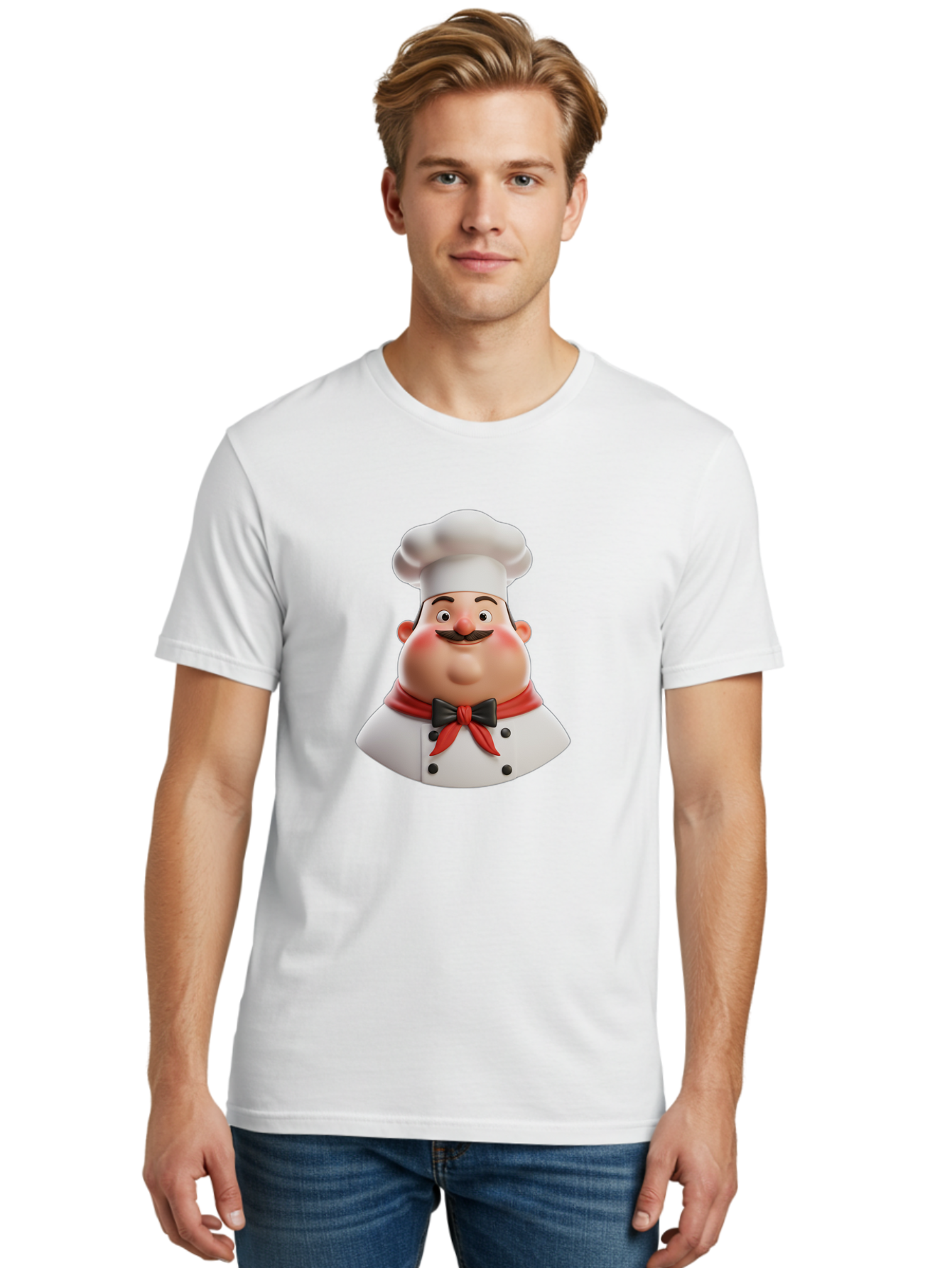 Chef-Character-3 Men'S Graphic Tee, 100% Cotton, Comfortable Casual Summer Wear, Machine Washable, Cartoon Chef, 3D Character, Chef Hat, Chef Coat, Red Scarf, Black Bow Tie, Mustache, Cooking, Culinary, Chef Illustration, Kitchen Character Bac812