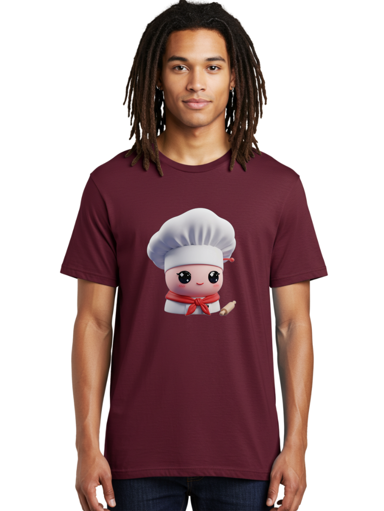 Chef-Character-4 Men'S Graphic Tee, 100% Cotton, Comfortable Casual Summer Wear, Machine Washable, Cartoon Chef Character, Cute Chef Illustration, Chef Hat, Red Scarf, White Uniform, Cooking Utensils, Kitchen Theme, Adorable Chef, Pastry Chef, Bac813