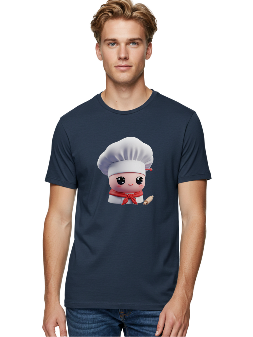 Chef-Character-4 Men'S Graphic Tee, 100% Cotton, Comfortable Casual Summer Wear, Machine Washable, Cartoon Chef Character, Cute Chef Illustration, Chef Hat, Red Scarf, White Uniform, Cooking Utensils, Kitchen Theme, Adorable Chef, Pastry Chef, Bac813