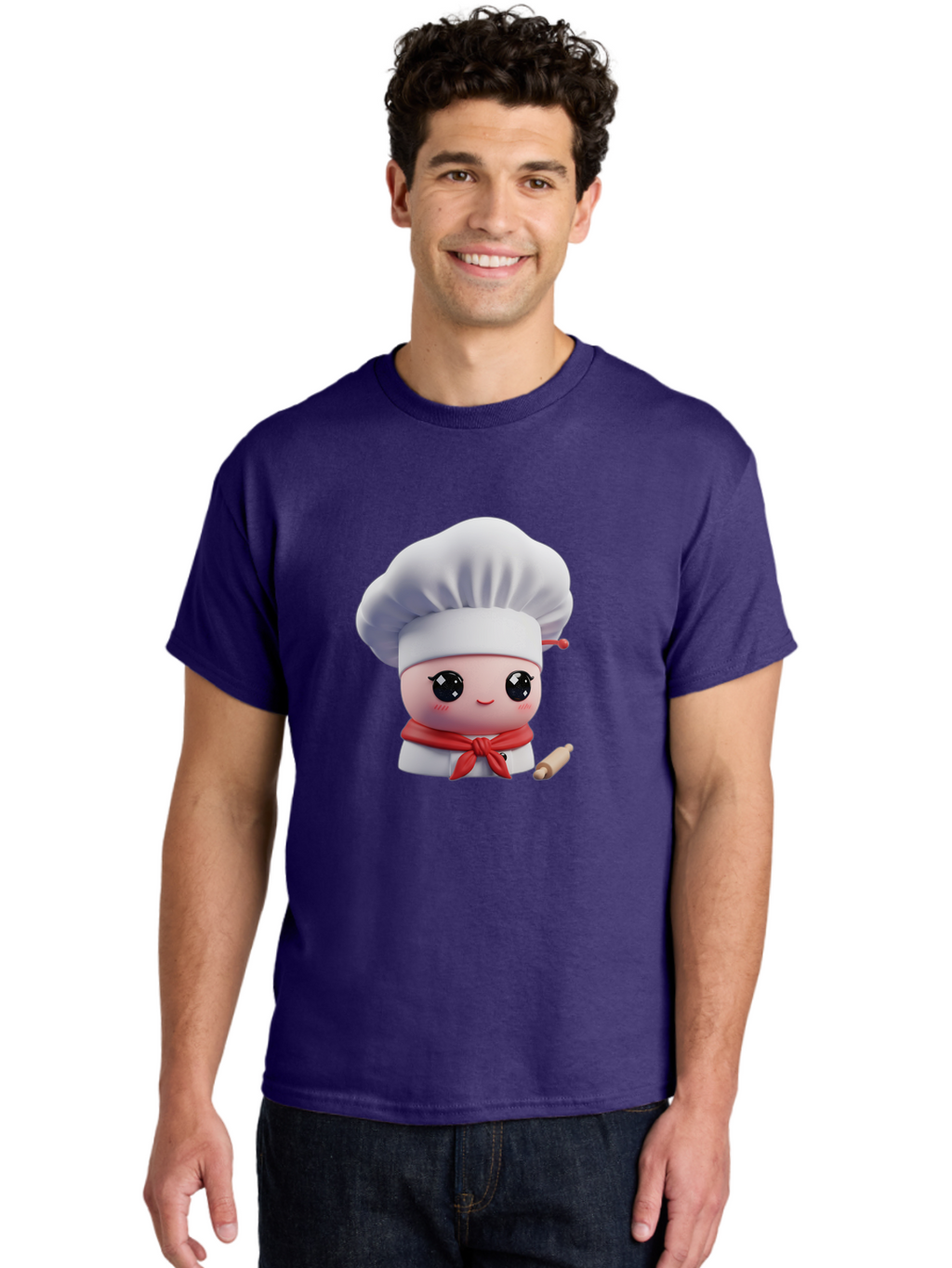 Chef-Character-4 Men'S Graphic Tee, 100% Cotton, Comfortable Casual Summer Wear, Machine Washable, Cartoon Chef Character, Cute Chef Illustration, Chef Hat, Red Scarf, White Uniform, Cooking Utensils, Kitchen Theme, Adorable Chef, Pastry Chef, Bac813