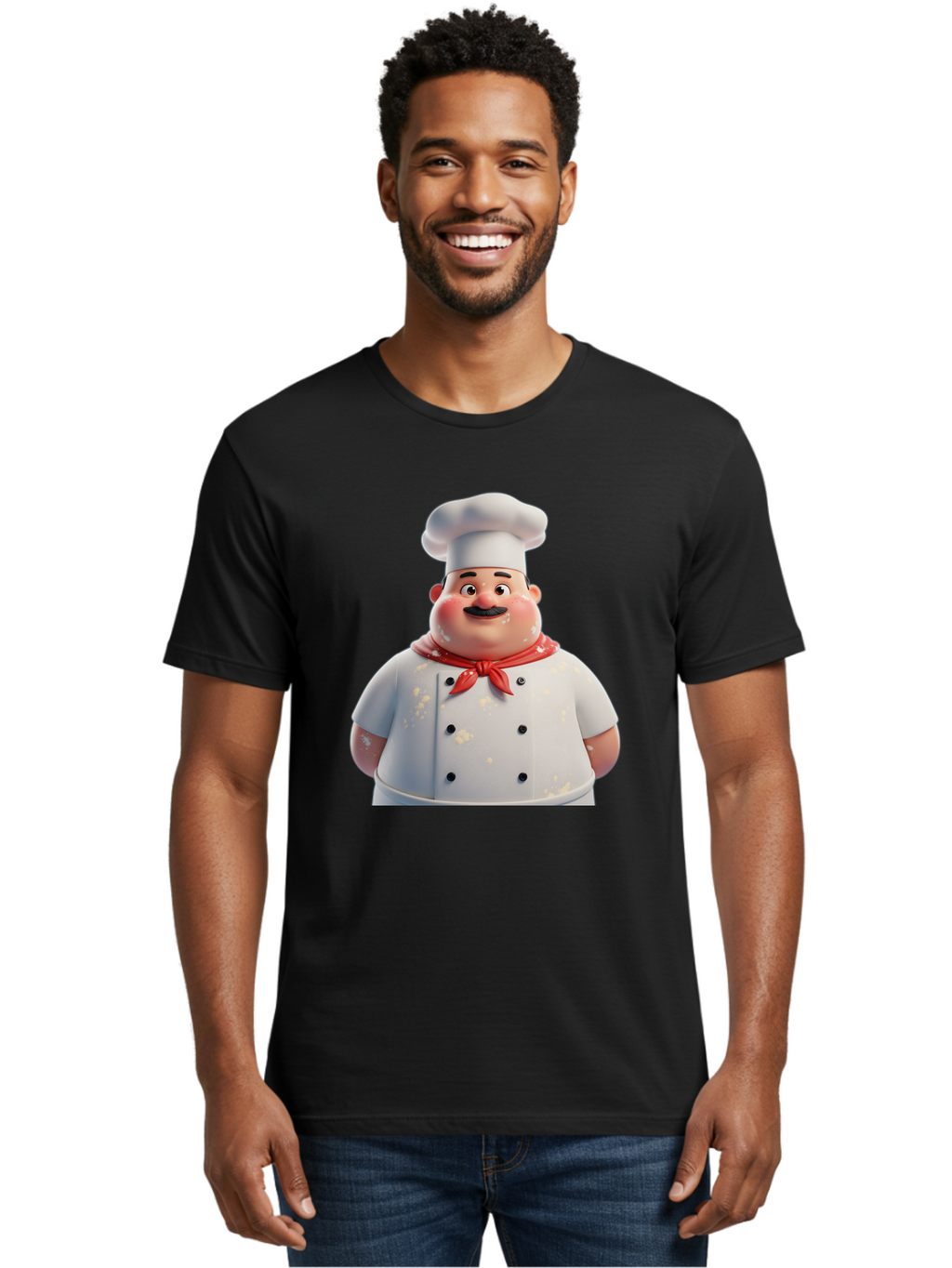 Chef-Character Men'S Graphic Tee, 100% Cotton, Comfortable Casual Summer Wear, Machine Washable, Cartoon Chef, White Chef Hat, Red Neckerchief, Mustache, Chef Coat, Cooking, Culinary Arts, Kitchen Staff, Food Preparation, 3D Character, Bac814