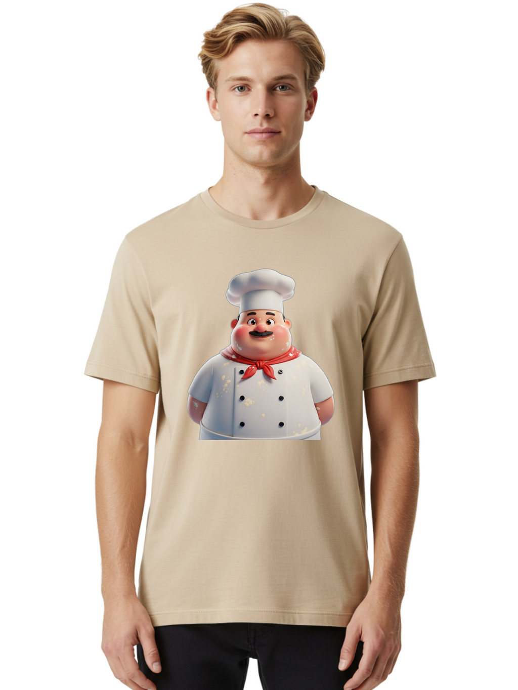 Chef-Character Men'S Graphic Tee, 100% Cotton, Comfortable Casual Summer Wear, Machine Washable, Cartoon Chef, White Chef Hat, Red Neckerchief, Mustache, Chef Coat, Cooking, Culinary Arts, Kitchen Staff, Food Preparation, 3D Character, Bac814