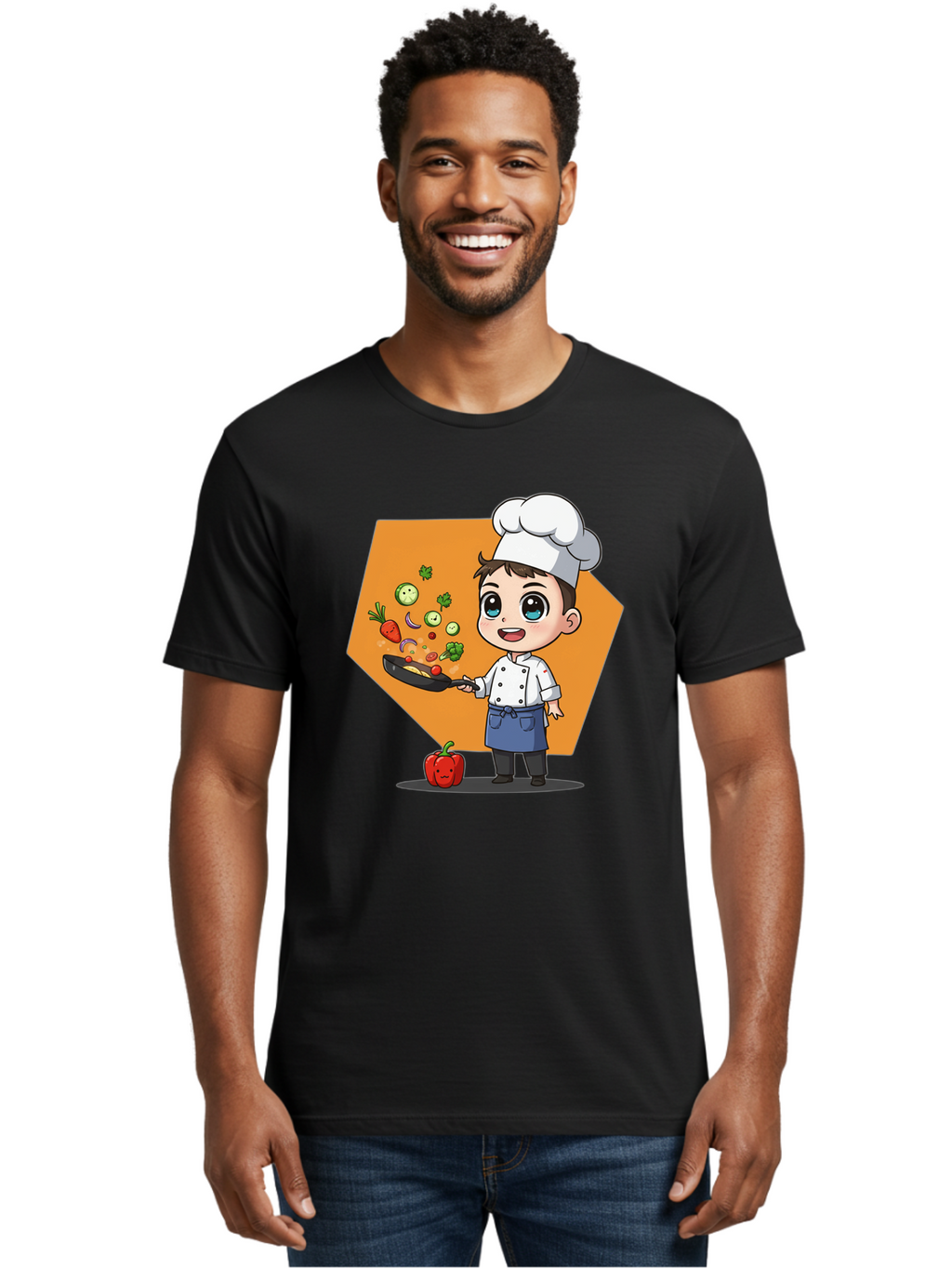 Chef-Cooking-Vegetables Men'S Graphic Tee, 100% Cotton, Comfortable Casual Summer Wear, Machine Washable, Cartoon Chef, Young Boy Cooking, Healthy Vegetables, Kitchen Skills, Chef Hat, Cooking Pan, Fresh Produce, Culinary Arts, Kid Chef Bac815
