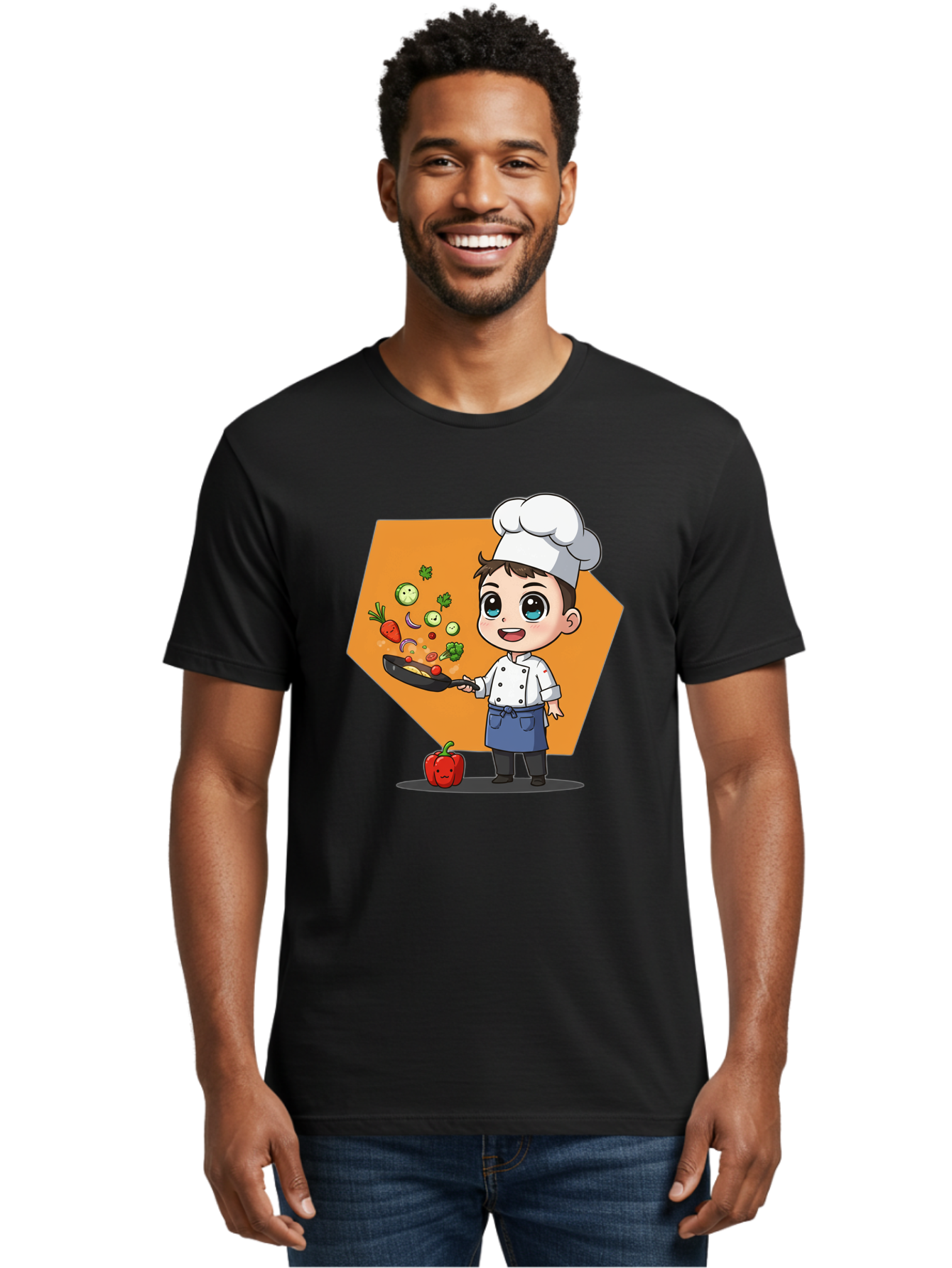 Chef-Cooking-Vegetables Men'S Graphic Tee, 100% Cotton, Comfortable Casual Summer Wear, Machine Washable, Cartoon Chef, Young Boy Cooking, Healthy Vegetables, Kitchen Skills, Chef Hat, Cooking Pan, Fresh Produce, Culinary Arts, Kid Chef Bac815