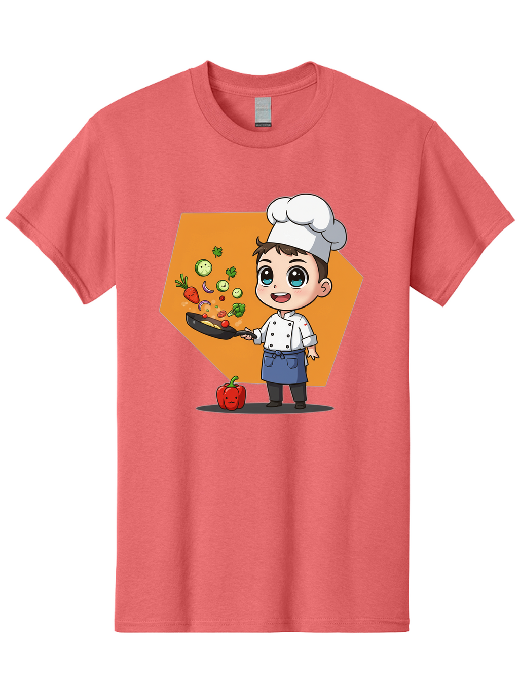 Chef-Cooking-Vegetables Men'S Graphic Tee, 100% Cotton, Comfortable Casual Summer Wear, Machine Washable, Cartoon Chef, Young Boy Cooking, Healthy Vegetables, Kitchen Skills, Chef Hat, Cooking Pan, Fresh Produce, Culinary Arts, Kid Chef Bac815