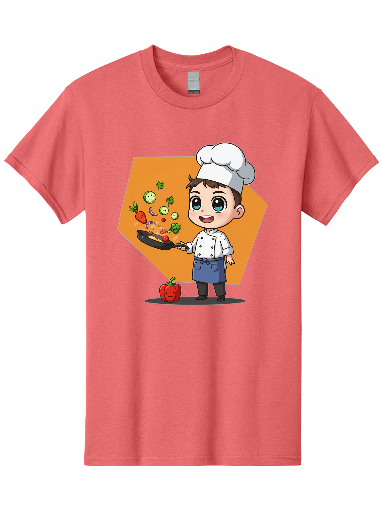 Chef-Cooking-Vegetables Men'S Graphic Tee, 100% Cotton, Comfortable Casual Summer Wear, Machine Washable, Cartoon Chef, Young Boy Cooking, Healthy Vegetables, Kitchen Skills, Chef Hat, Cooking Pan, Fresh Produce, Culinary Arts, Kid Chef Bac815