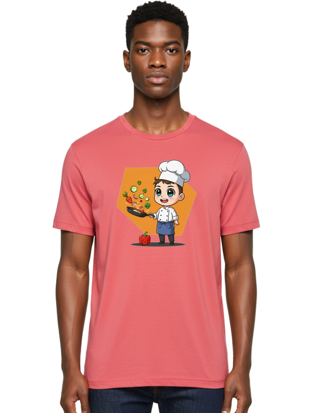 Chef-Cooking-Vegetables Men'S Graphic Tee, 100% Cotton, Comfortable Casual Summer Wear, Machine Washable, Cartoon Chef, Young Boy Cooking, Healthy Vegetables, Kitchen Skills, Chef Hat, Cooking Pan, Fresh Produce, Culinary Arts, Kid Chef Bac815
