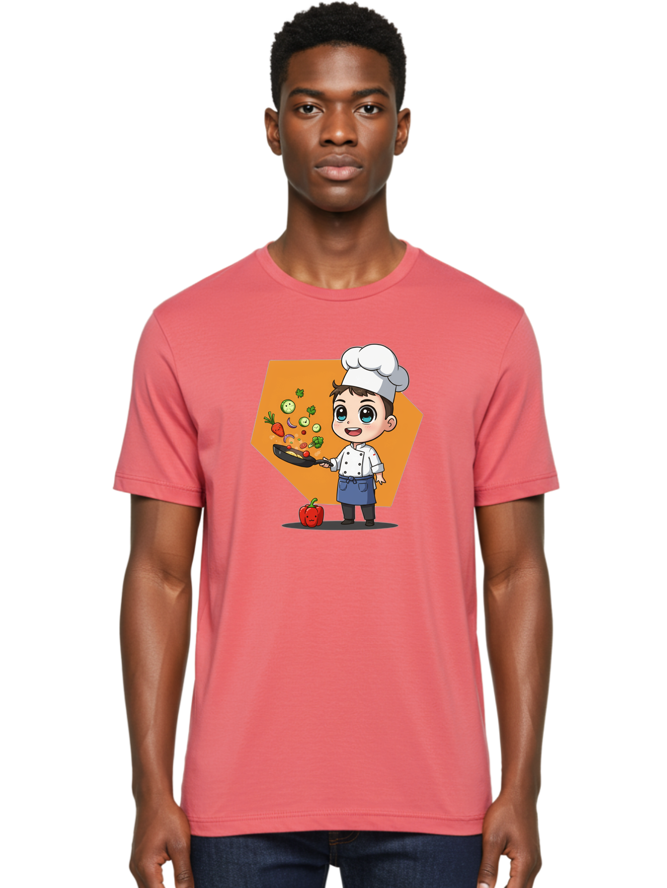 Chef-Cooking-Vegetables Men'S Graphic Tee, 100% Cotton, Comfortable Casual Summer Wear, Machine Washable, Cartoon Chef, Young Boy Cooking, Healthy Vegetables, Kitchen Skills, Chef Hat, Cooking Pan, Fresh Produce, Culinary Arts, Kid Chef Bac815