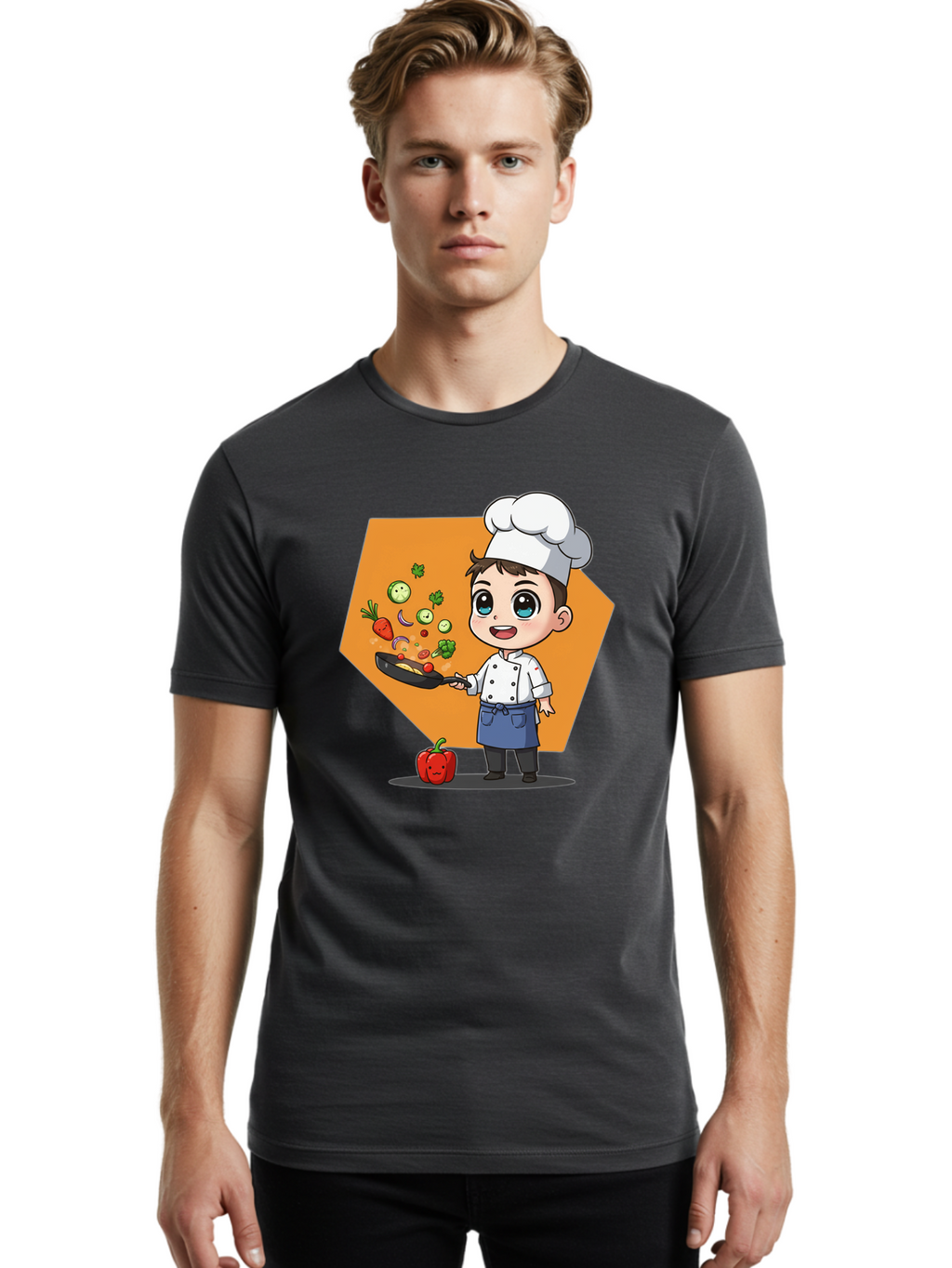 Chef-Cooking-Vegetables Men'S Graphic Tee, 100% Cotton, Comfortable Casual Summer Wear, Machine Washable, Cartoon Chef, Young Boy Cooking, Healthy Vegetables, Kitchen Skills, Chef Hat, Cooking Pan, Fresh Produce, Culinary Arts, Kid Chef Bac815