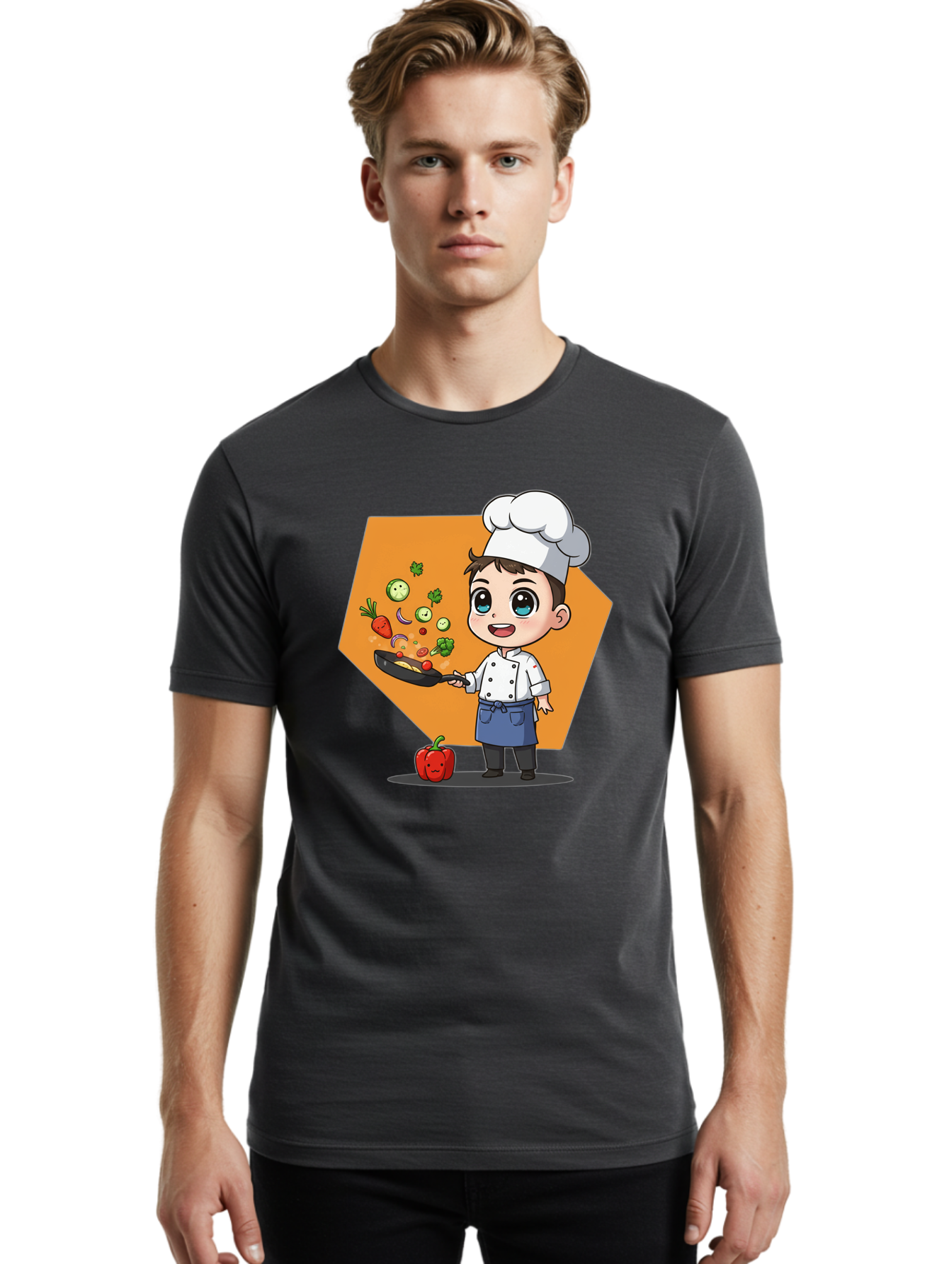Chef-Cooking-Vegetables Men'S Graphic Tee, 100% Cotton, Comfortable Casual Summer Wear, Machine Washable, Cartoon Chef, Young Boy Cooking, Healthy Vegetables, Kitchen Skills, Chef Hat, Cooking Pan, Fresh Produce, Culinary Arts, Kid Chef Bac815