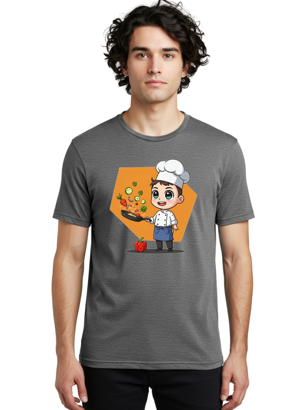 Chef-Cooking-Vegetables Men'S Graphic Tee, 100% Cotton, Comfortable Casual Summer Wear, Machine Washable, Cartoon Chef, Young Boy Cooking, Healthy Vegetables, Kitchen Skills, Chef Hat, Cooking Pan, Fresh Produce, Culinary Arts, Kid Chef Bac815