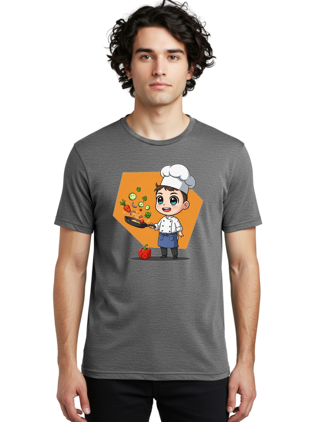 Chef-Cooking-Vegetables Men'S Graphic Tee, 100% Cotton, Comfortable Casual Summer Wear, Machine Washable, Cartoon Chef, Young Boy Cooking, Healthy Vegetables, Kitchen Skills, Chef Hat, Cooking Pan, Fresh Produce, Culinary Arts, Kid Chef Bac815
