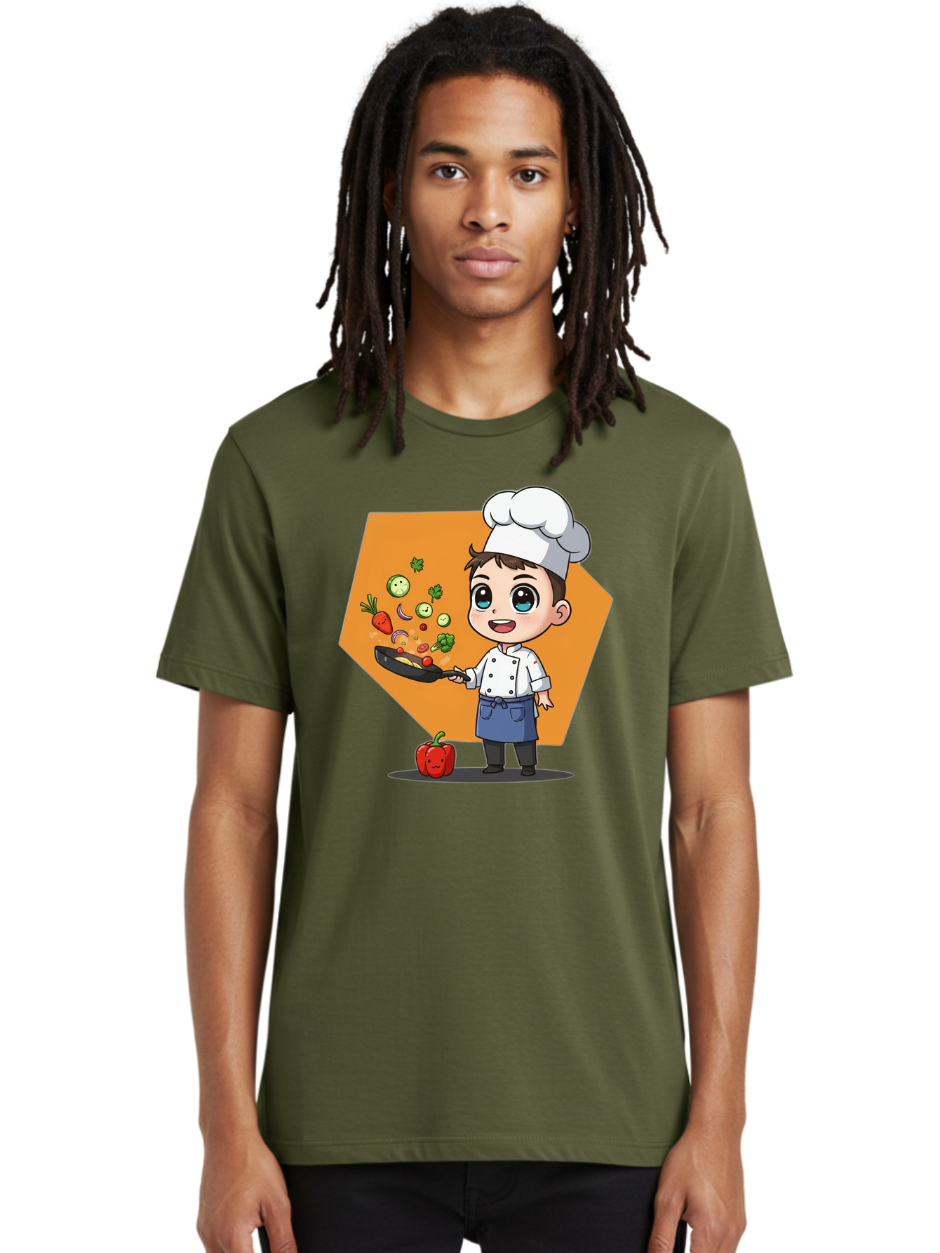 Chef-Cooking-Vegetables Men'S Graphic Tee, 100% Cotton, Comfortable Casual Summer Wear, Machine Washable, Cartoon Chef, Young Boy Cooking, Healthy Vegetables, Kitchen Skills, Chef Hat, Cooking Pan, Fresh Produce, Culinary Arts, Kid Chef Bac815