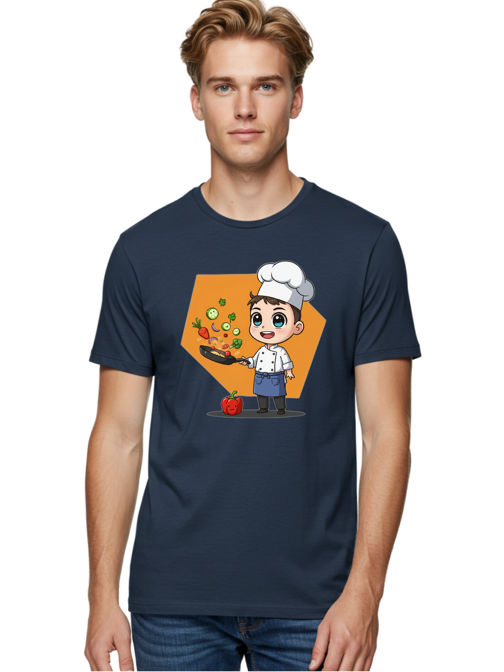 Chef-Cooking-Vegetables Men'S Graphic Tee, 100% Cotton, Comfortable Casual Summer Wear, Machine Washable, Cartoon Chef, Young Boy Cooking, Healthy Vegetables, Kitchen Skills, Chef Hat, Cooking Pan, Fresh Produce, Culinary Arts, Kid Chef Bac815