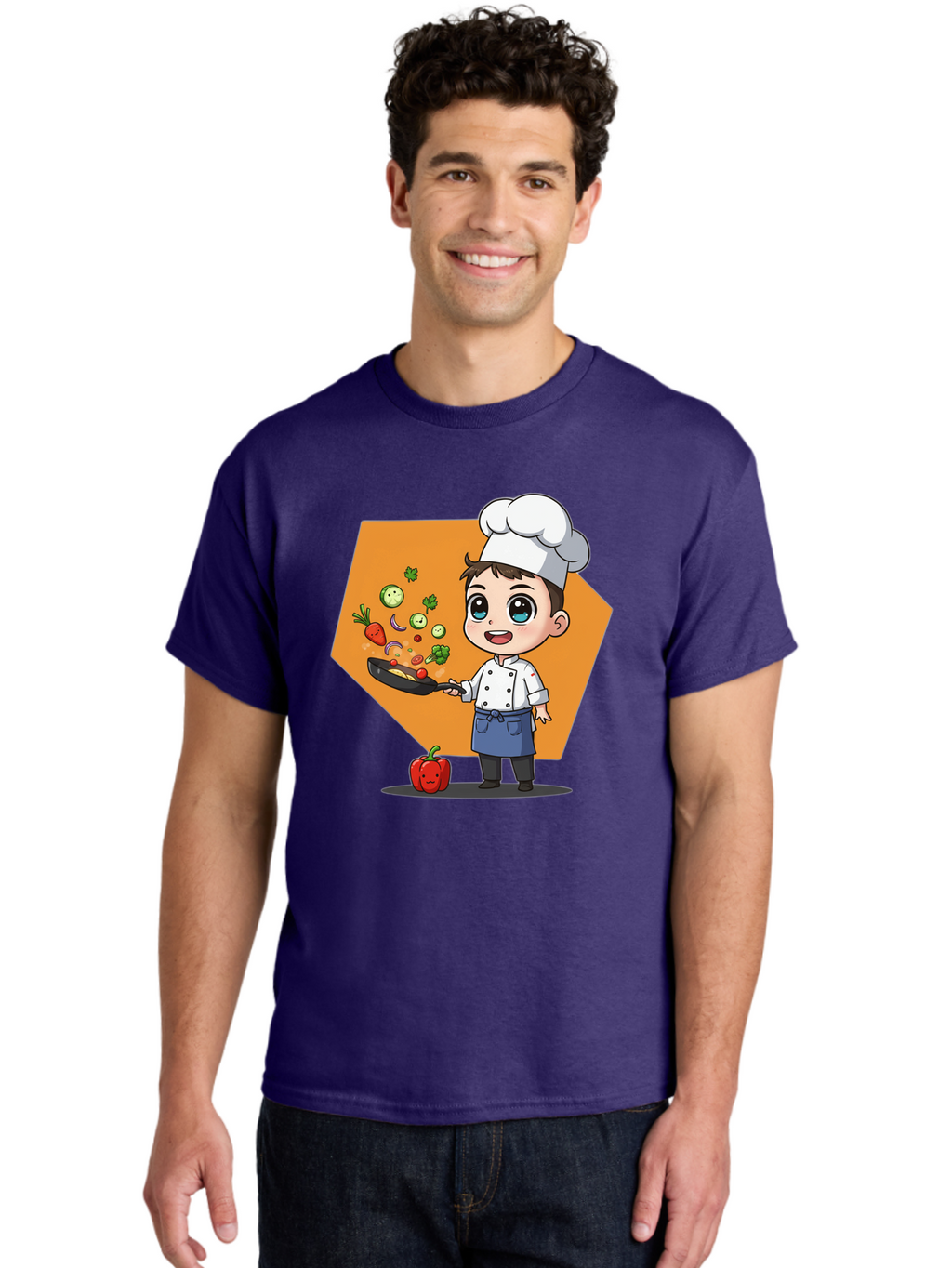Chef-Cooking-Vegetables Men'S Graphic Tee, 100% Cotton, Comfortable Casual Summer Wear, Machine Washable, Cartoon Chef, Young Boy Cooking, Healthy Vegetables, Kitchen Skills, Chef Hat, Cooking Pan, Fresh Produce, Culinary Arts, Kid Chef Bac815