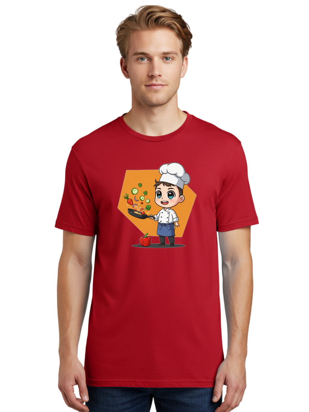 Chef-Cooking-Vegetables Men'S Graphic Tee, 100% Cotton, Comfortable Casual Summer Wear, Machine Washable, Cartoon Chef, Young Boy Cooking, Healthy Vegetables, Kitchen Skills, Chef Hat, Cooking Pan, Fresh Produce, Culinary Arts, Kid Chef Bac815
