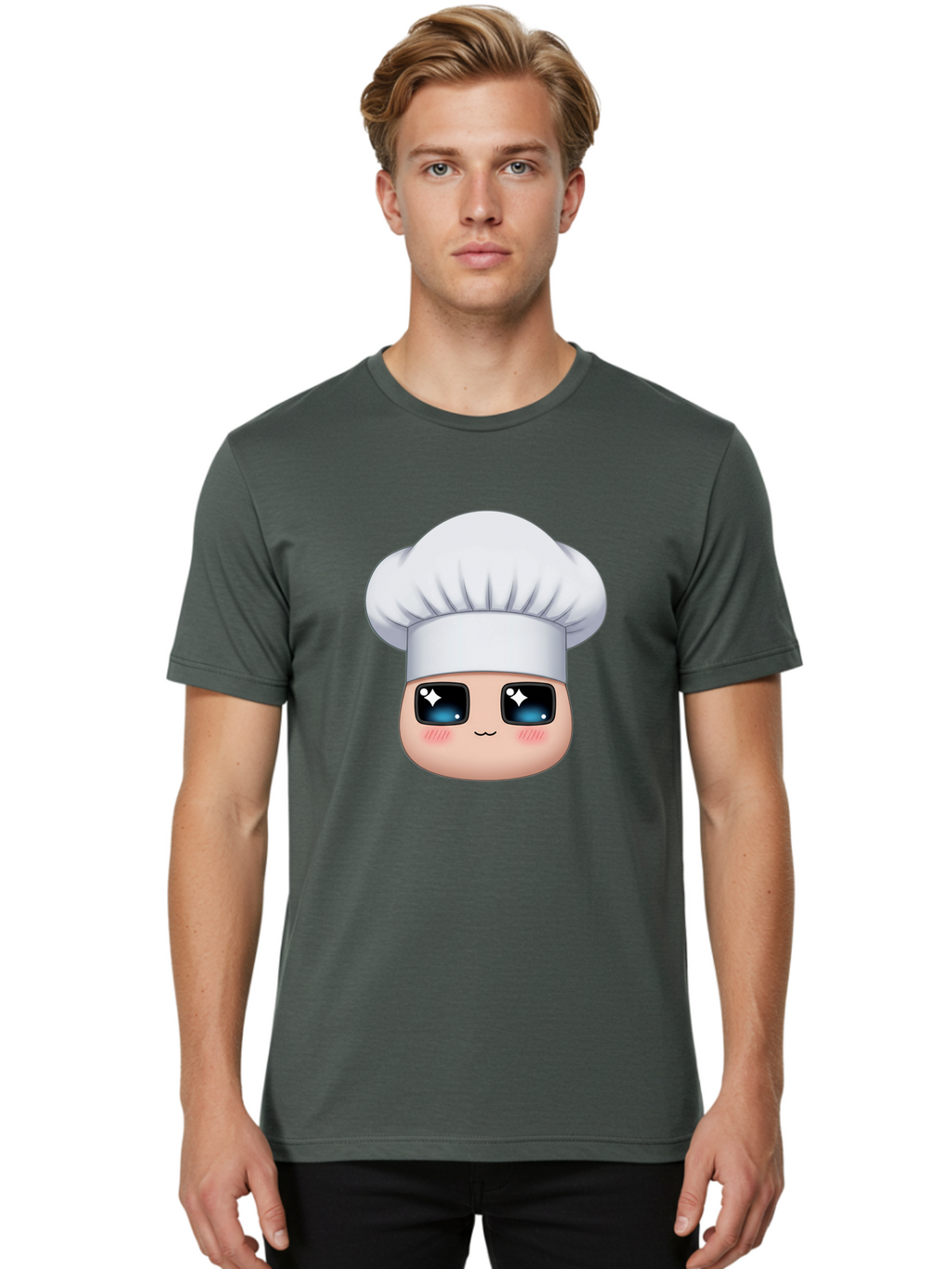 Chef-Emoji-1 Men'S Graphic Tee, 100% Cotton, Comfortable Casual Summer Wear, Machine Washable, Cartoon Chef, Cooking Emoji, Chef Hat, Cute Face, Sparkle Eyes, Rosy Cheeks, Kawaii Style, Culinary Art, Foodie, Cooking Enthusiast Bac816