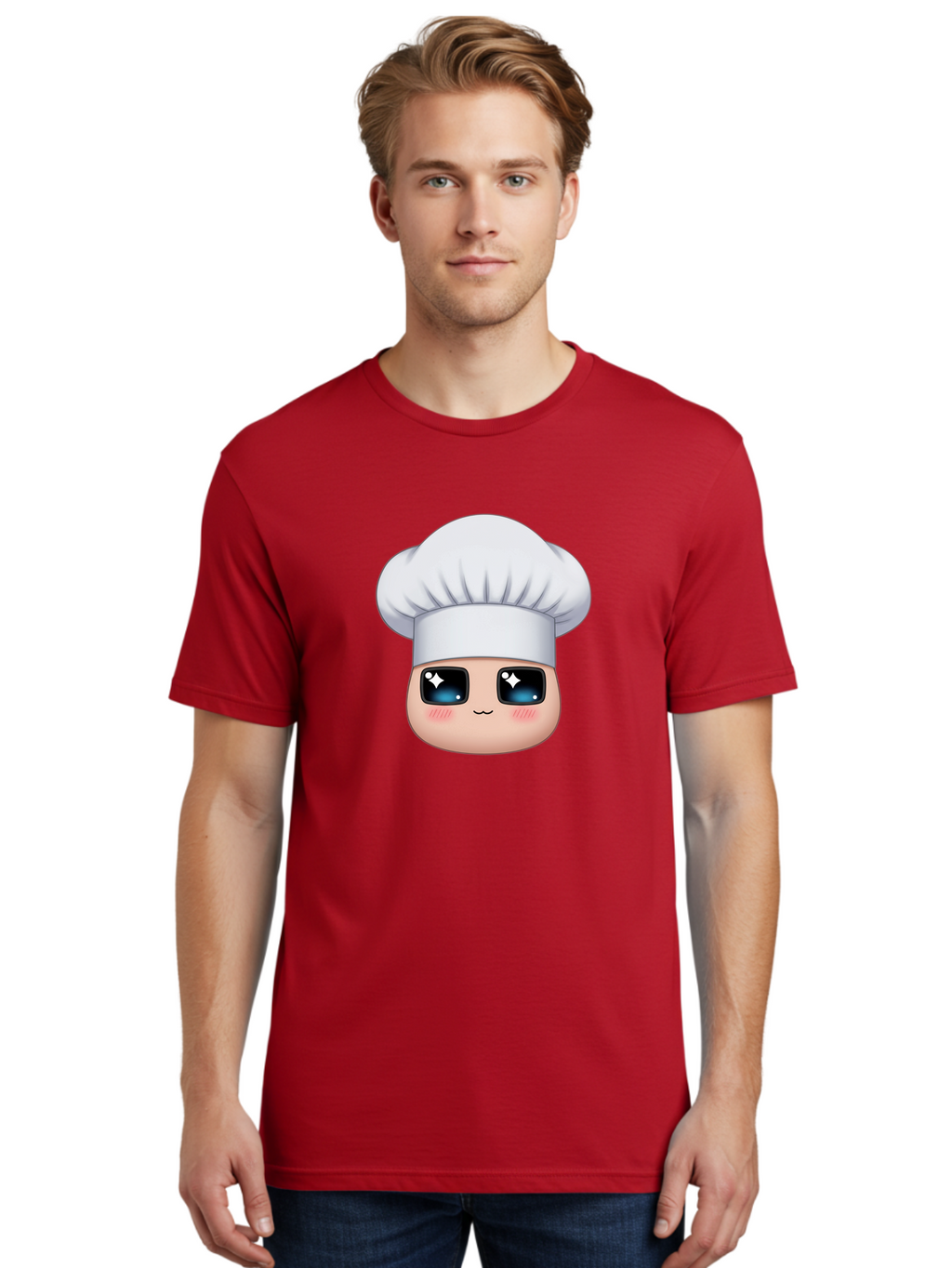 Chef-Emoji-1 Men'S Graphic Tee, 100% Cotton, Comfortable Casual Summer Wear, Machine Washable, Cartoon Chef, Cooking Emoji, Chef Hat, Cute Face, Sparkle Eyes, Rosy Cheeks, Kawaii Style, Culinary Art, Foodie, Cooking Enthusiast Bac816