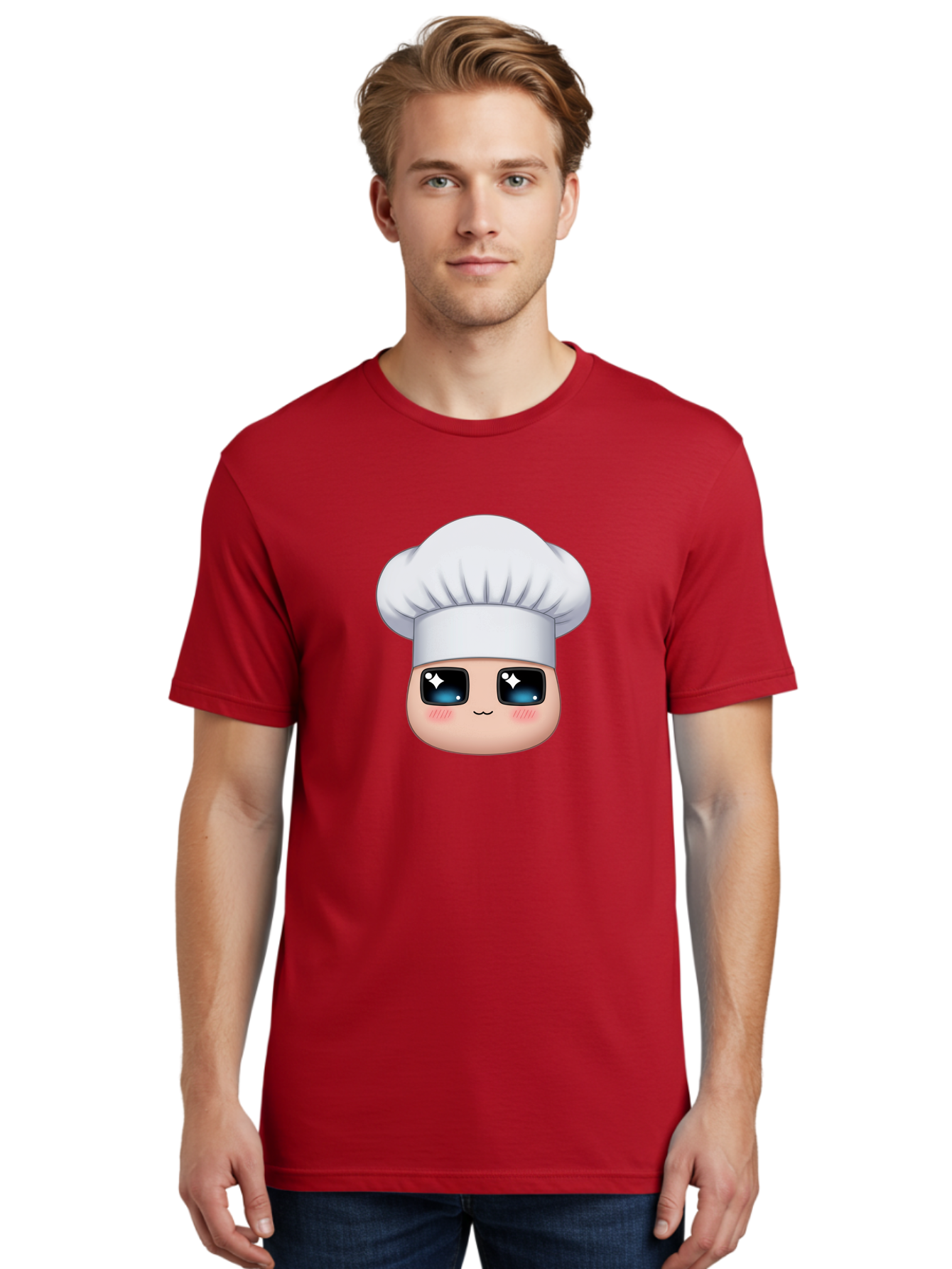 Chef-Emoji-1 Men'S Graphic Tee, 100% Cotton, Comfortable Casual Summer Wear, Machine Washable, Cartoon Chef, Cooking Emoji, Chef Hat, Cute Face, Sparkle Eyes, Rosy Cheeks, Kawaii Style, Culinary Art, Foodie, Cooking Enthusiast Bac816