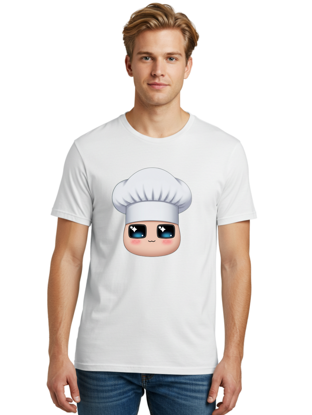 Chef-Emoji-1 Men'S Graphic Tee, 100% Cotton, Comfortable Casual Summer Wear, Machine Washable, Cartoon Chef, Cooking Emoji, Chef Hat, Cute Face, Sparkle Eyes, Rosy Cheeks, Kawaii Style, Culinary Art, Foodie, Cooking Enthusiast Bac816