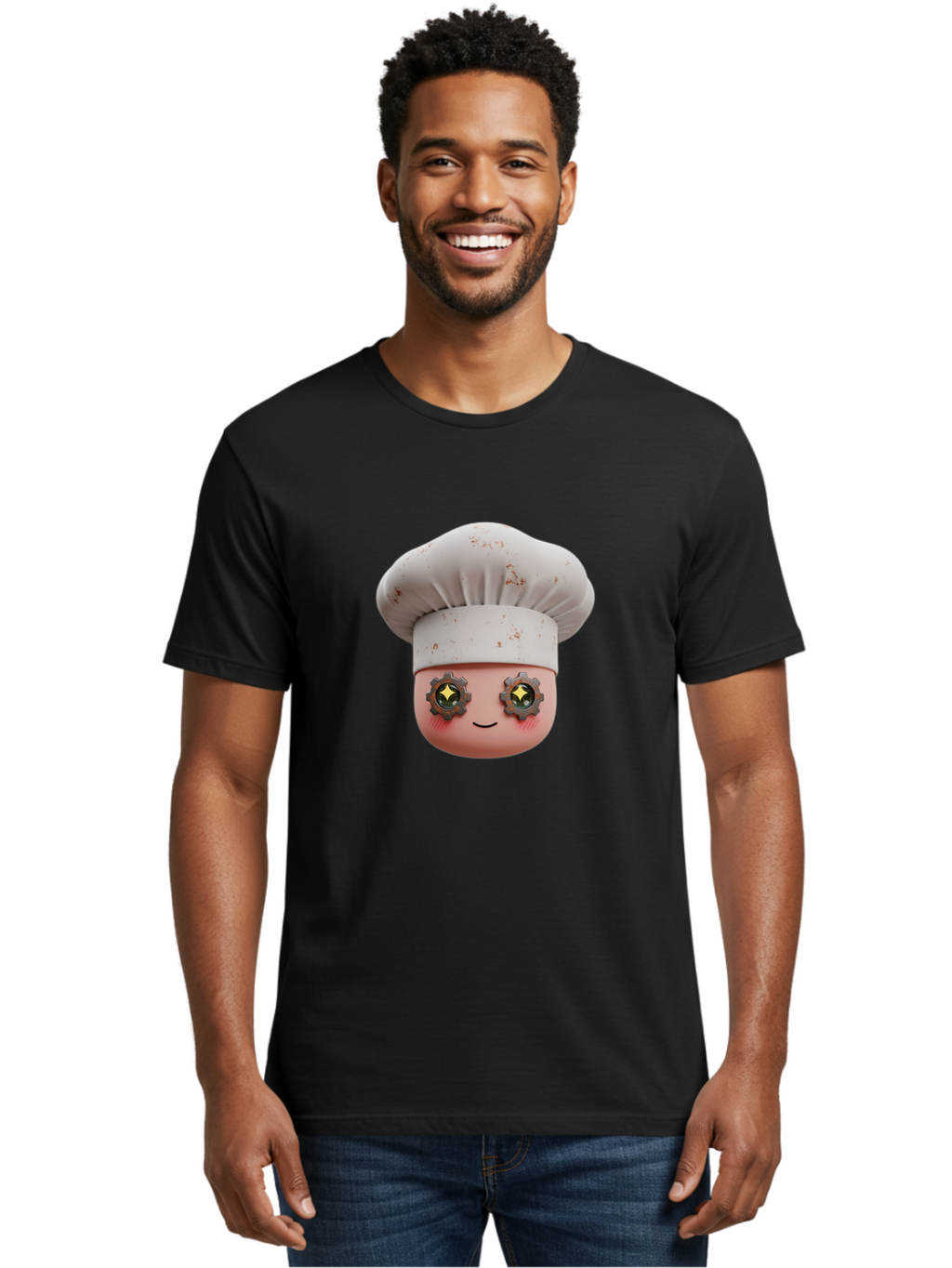 Chef-Emoji-2 Men'S Graphic Tee, 100% Cotton, Comfortable Casual Summer Wear, Machine Washable, Cartoon Chef, Cooking Emoji, Chef Hat, Robotic Eyes, Culinary Art, Kitchen Creativity, Digital Character, Foodie Fun, Animated Chef, Bac817