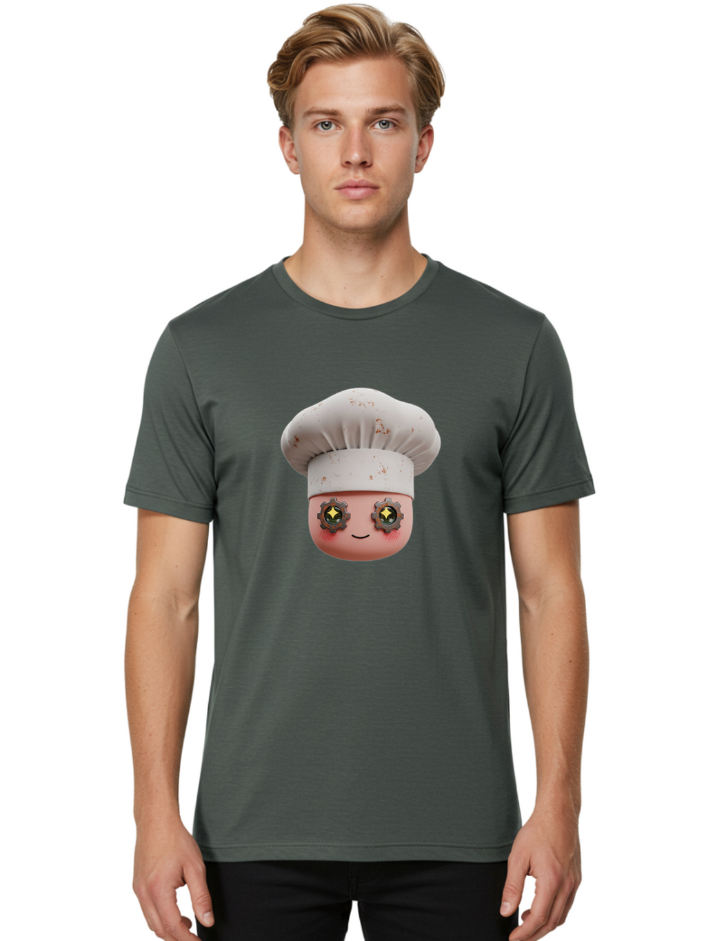 Chef-Emoji-2 Men'S Graphic Tee, 100% Cotton, Comfortable Casual Summer Wear, Machine Washable, Cartoon Chef, Cooking Emoji, Chef Hat, Robotic Eyes, Culinary Art, Kitchen Creativity, Digital Character, Foodie Fun, Animated Chef, Bac817