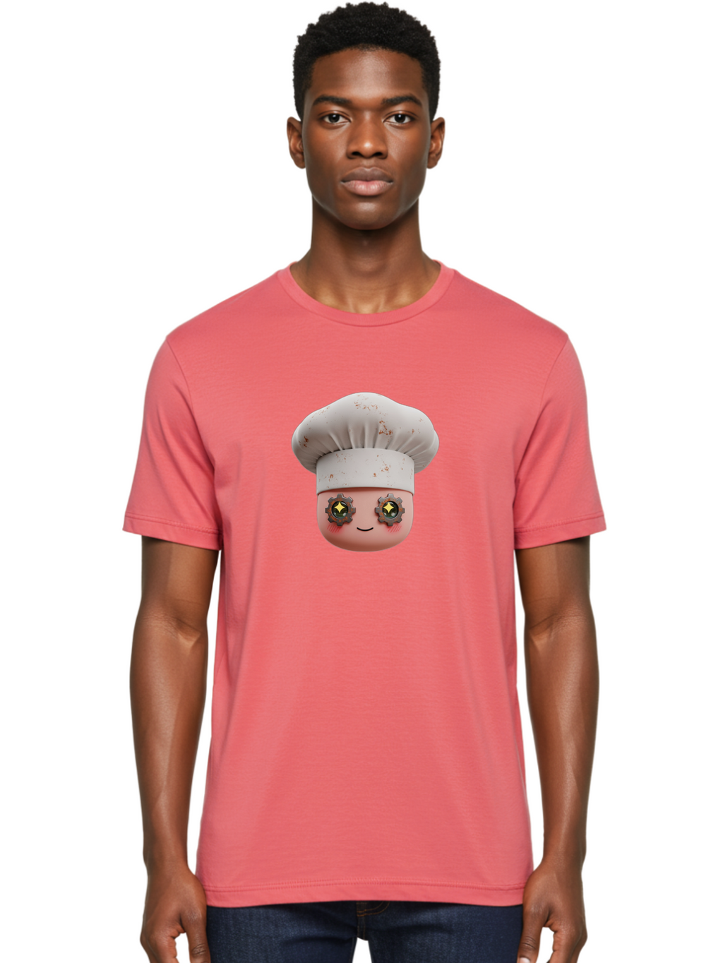 Chef-Emoji-2 Men'S Graphic Tee, 100% Cotton, Comfortable Casual Summer Wear, Machine Washable, Cartoon Chef, Cooking Emoji, Chef Hat, Robotic Eyes, Culinary Art, Kitchen Creativity, Digital Character, Foodie Fun, Animated Chef, Bac817