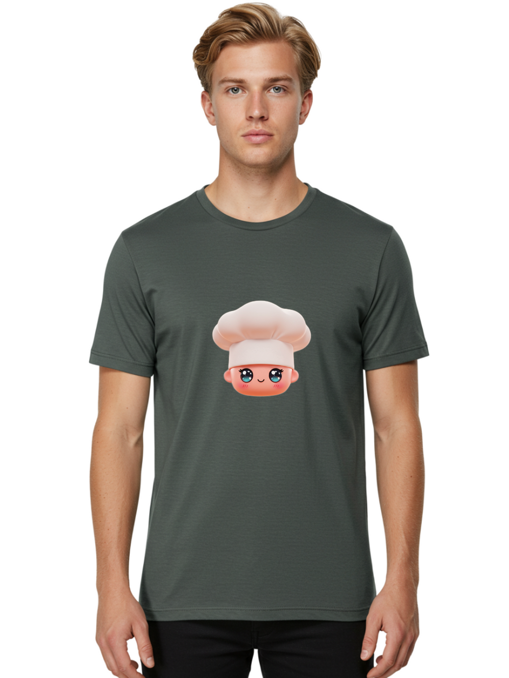 Chef-Emoji-3 Men'S Graphic Tee, 100% Cotton, Comfortable Casual Summer Wear, Machine Washable, Cartoon Character, Chef Hat, Smiling Face, Blue Eyes, Pink Cheeks, Kawaii Style, Cute Illustration, Cooking Theme, Doll Face, Fashion Accessory Bac818