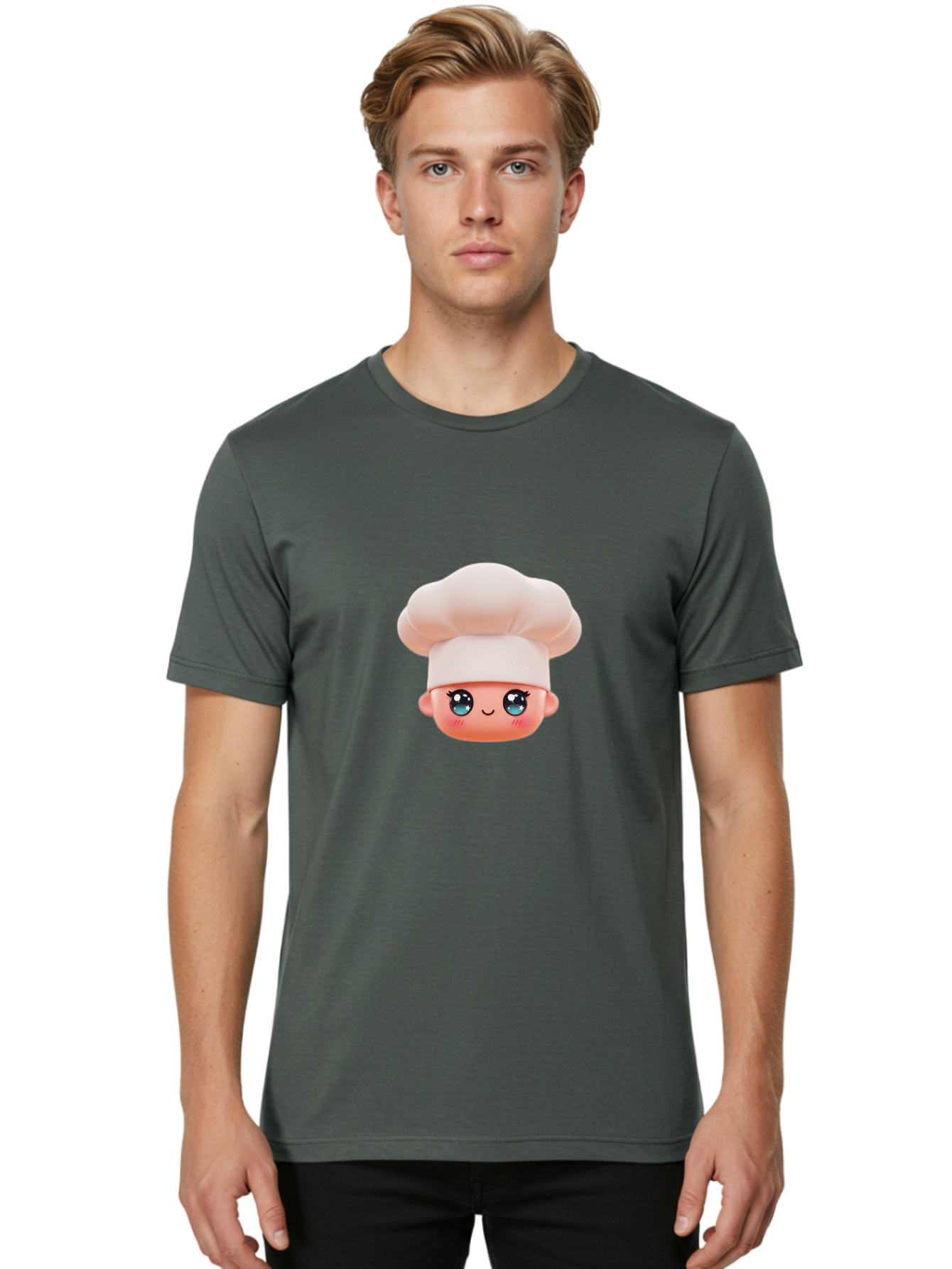 Chef-Emoji-3 Men'S Graphic Tee, 100% Cotton, Comfortable Casual Summer Wear, Machine Washable, Cartoon Character, Chef Hat, Smiling Face, Blue Eyes, Pink Cheeks, Kawaii Style, Cute Illustration, Cooking Theme, Doll Face, Fashion Accessory Bac818