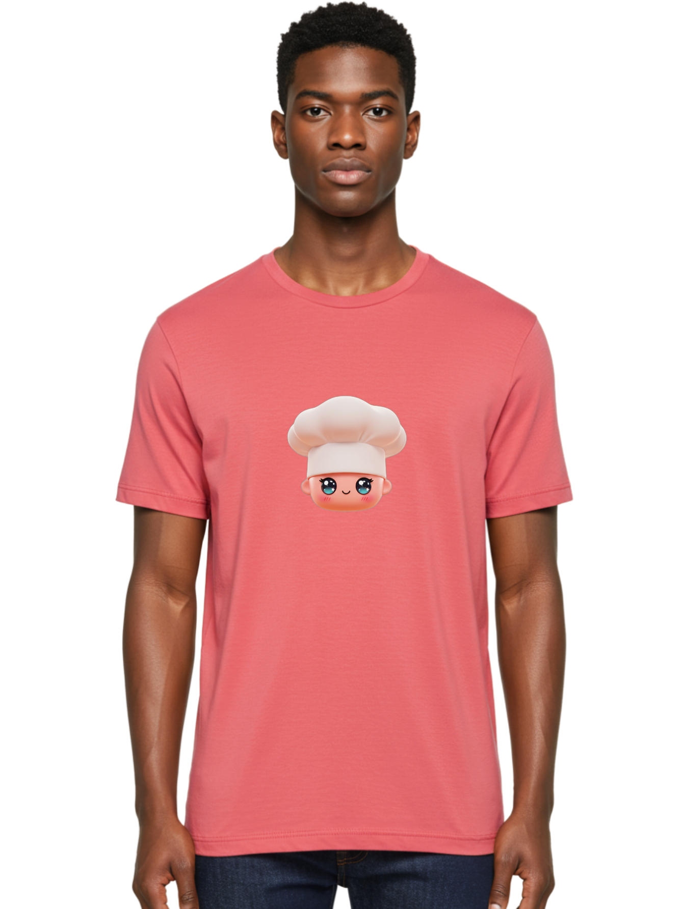 Chef-Emoji-3 Men'S Graphic Tee, 100% Cotton, Comfortable Casual Summer Wear, Machine Washable, Cartoon Character, Chef Hat, Smiling Face, Blue Eyes, Pink Cheeks, Kawaii Style, Cute Illustration, Cooking Theme, Doll Face, Fashion Accessory Bac818