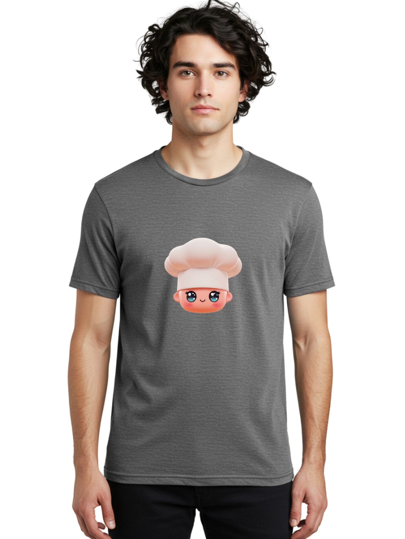 Chef-Emoji-3 Men'S Graphic Tee, 100% Cotton, Comfortable Casual Summer Wear, Machine Washable, Cartoon Character, Chef Hat, Smiling Face, Blue Eyes, Pink Cheeks, Kawaii Style, Cute Illustration, Cooking Theme, Doll Face, Fashion Accessory Bac818