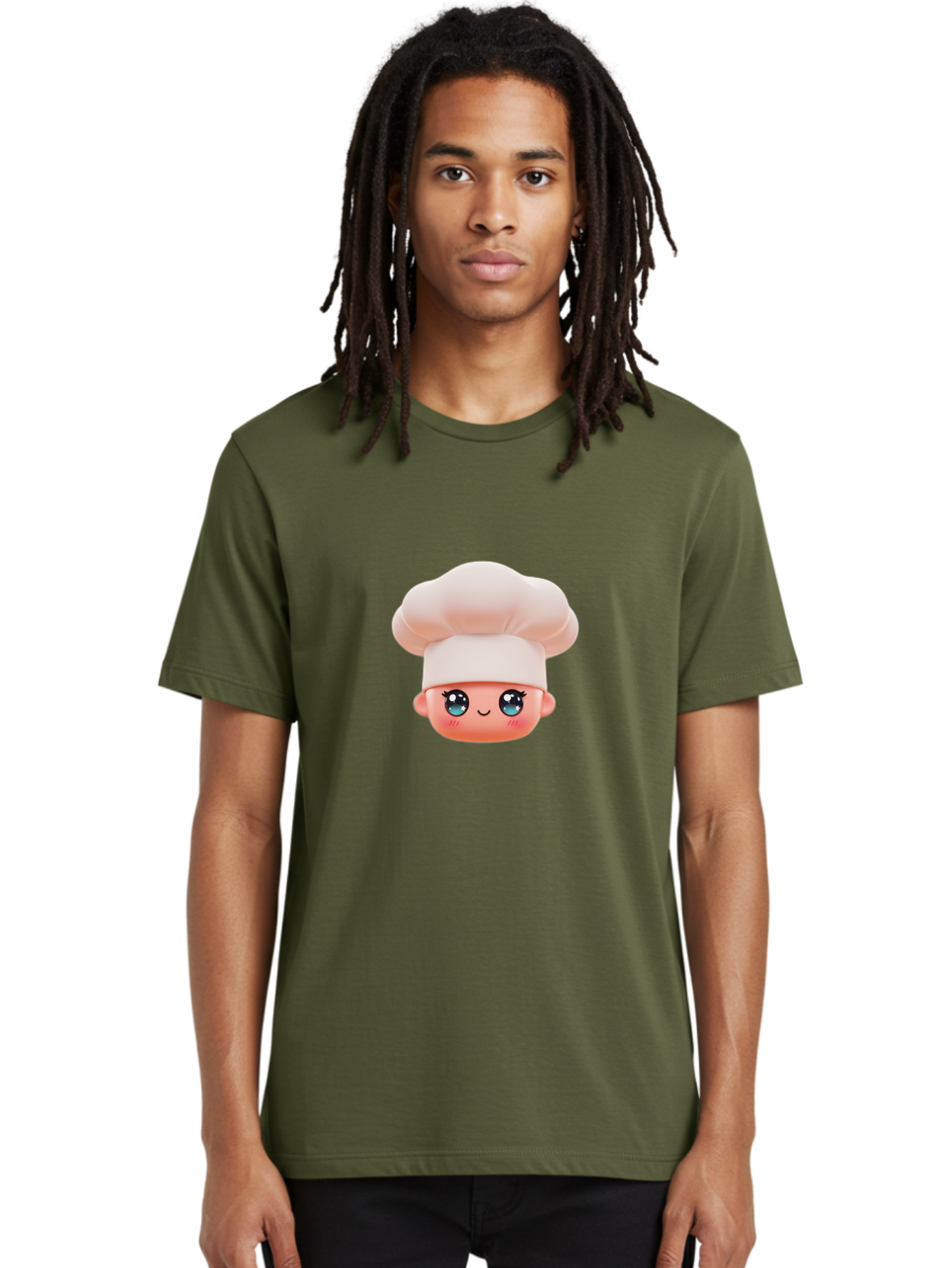 Chef-Emoji-3 Men'S Graphic Tee, 100% Cotton, Comfortable Casual Summer Wear, Machine Washable, Cartoon Character, Chef Hat, Smiling Face, Blue Eyes, Pink Cheeks, Kawaii Style, Cute Illustration, Cooking Theme, Doll Face, Fashion Accessory Bac818