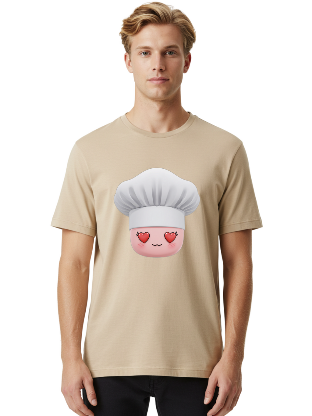 Chef-Emoji Men'S Graphic Tee, 100% Cotton, Comfortable Casual Summer Wear, Machine Washable, Cartoon Chef Hat, Chef Emoji, Cute Chef Face, Heart Eyes, Cooking Love, Culinary Passion, Adorable Character, Facial Expression, Cartoon Style Bac819